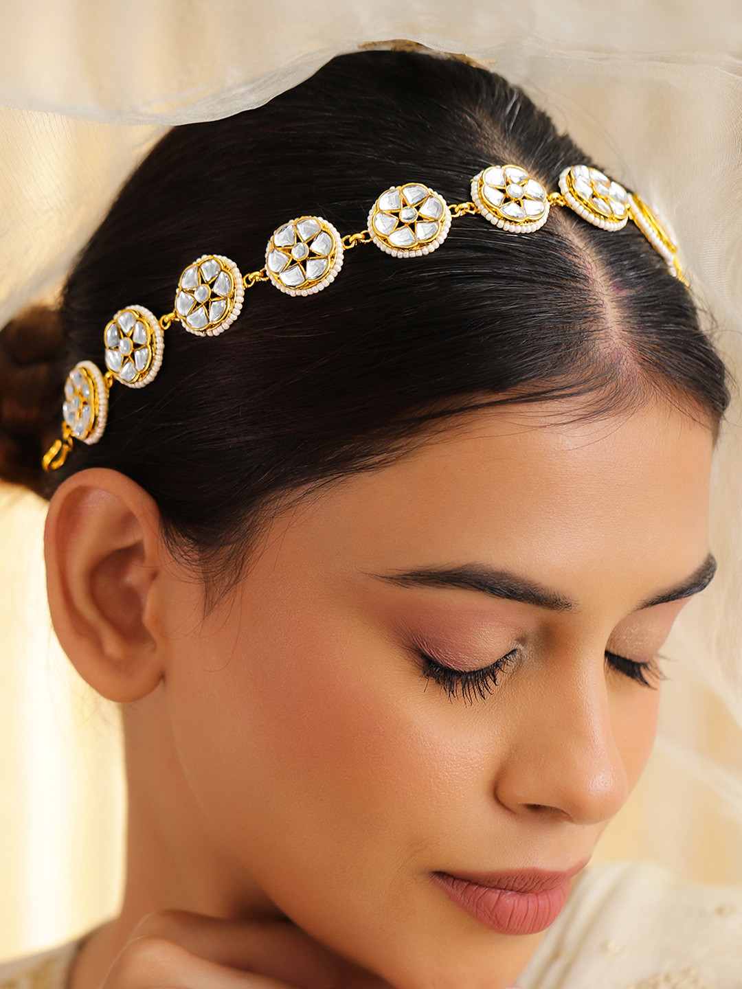 Rubans 18K Gold-Plated Kundan & Pearl Beaded Matha Patti Head Jewellery