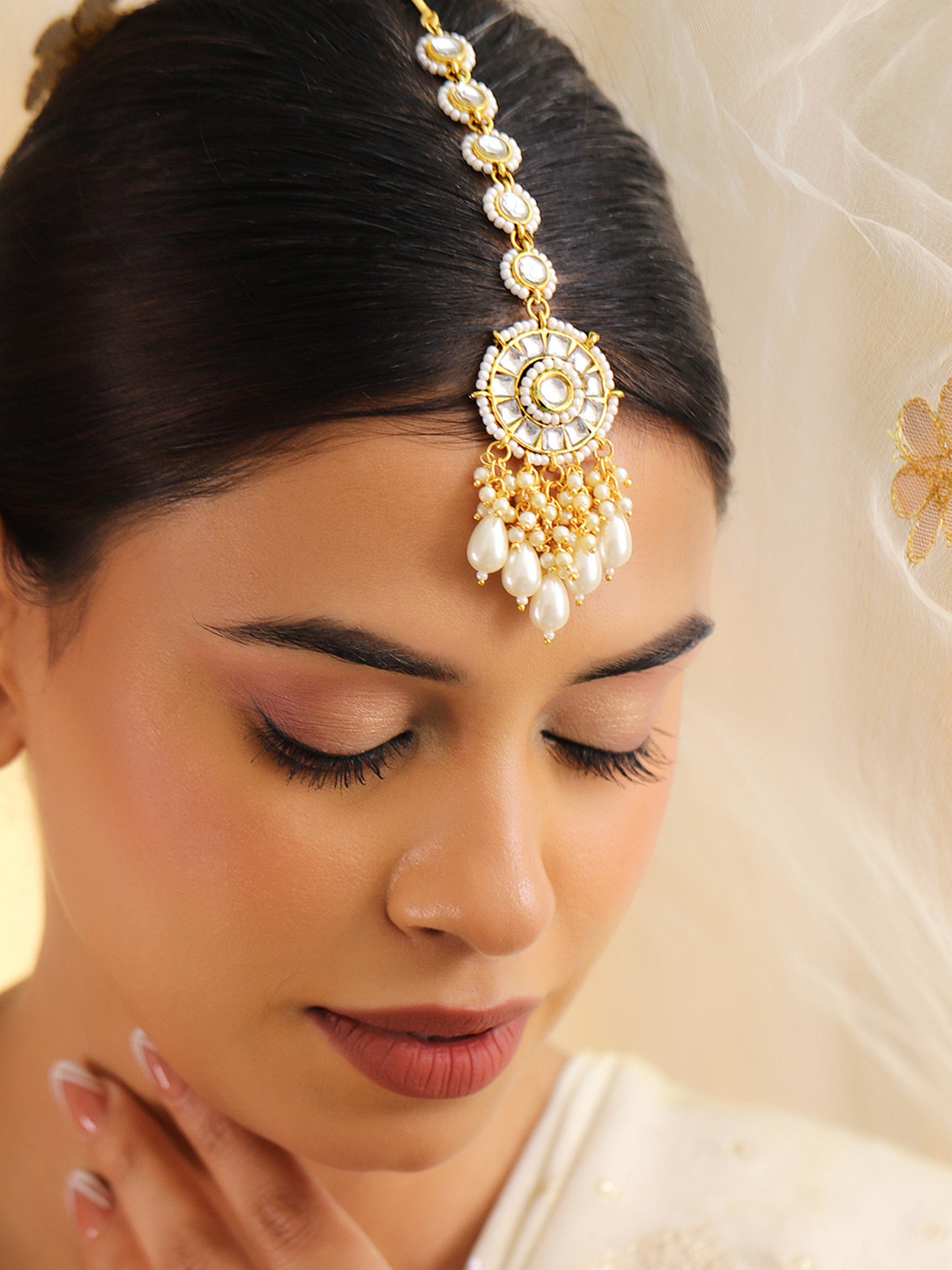 Rubans 18K Gold-Plated Kundan & Pearl Beaded Maang Tikka Head Jewellery