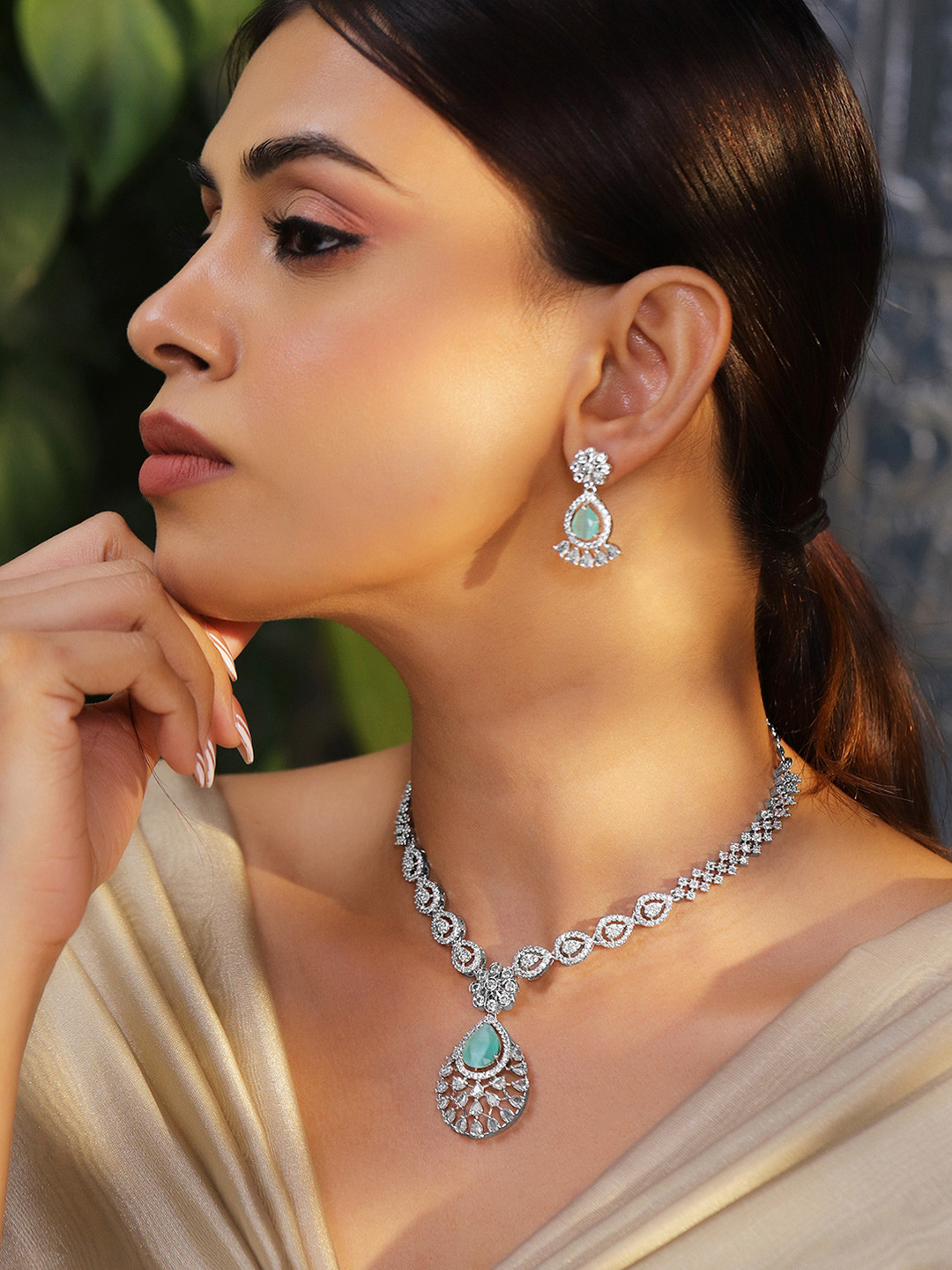 Rubans Rhodium-Plated Pastel Green AD & Cubic Zirconia Studded Necklace Set
