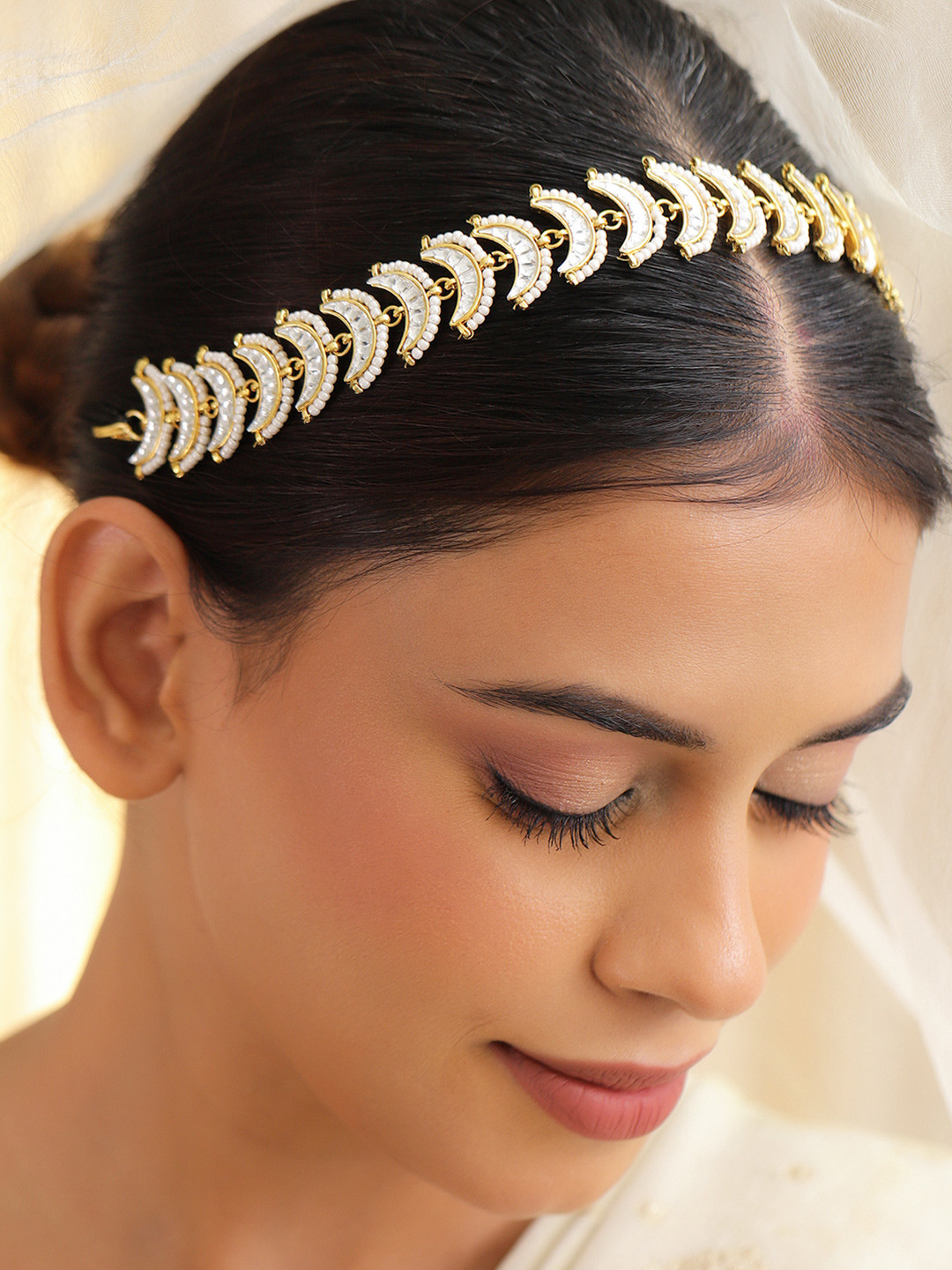 Rubans 18K Gold-Plated Kundan & Pearl Beaded Matha Patti Head Jewellery