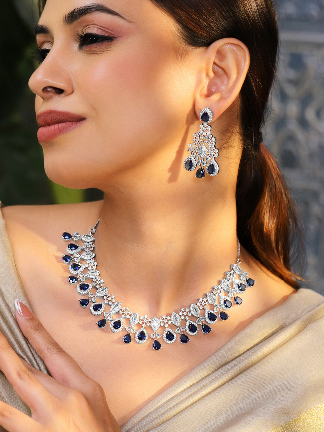 Rubans Rhodium-Plated Blue Sapphire & White CubicZirconia Statement Necklace Set