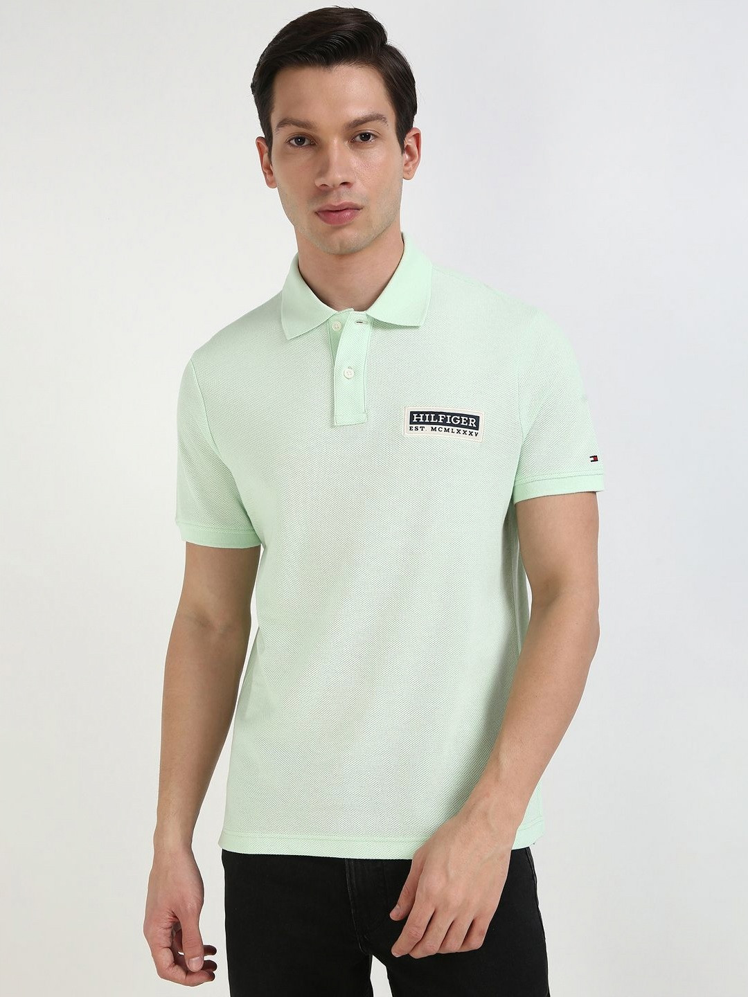 Tommy Hilfiger Men IM BADGE Typography Printed Polo Collar Cotton T-shirt