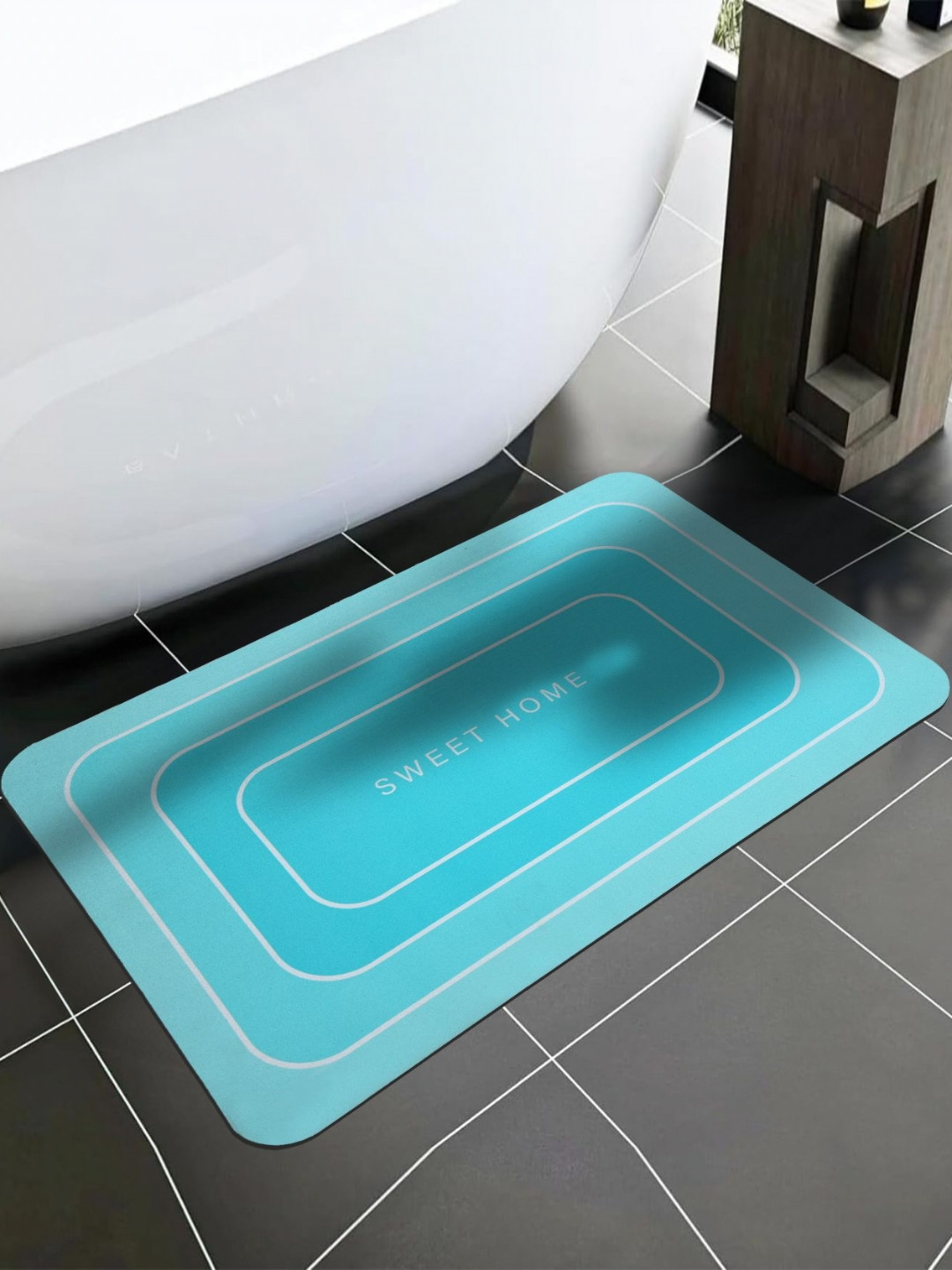 Aura Blue & White Printed Silicone 300 GSM High Water Absorbent Anti-Skid Bath Rug