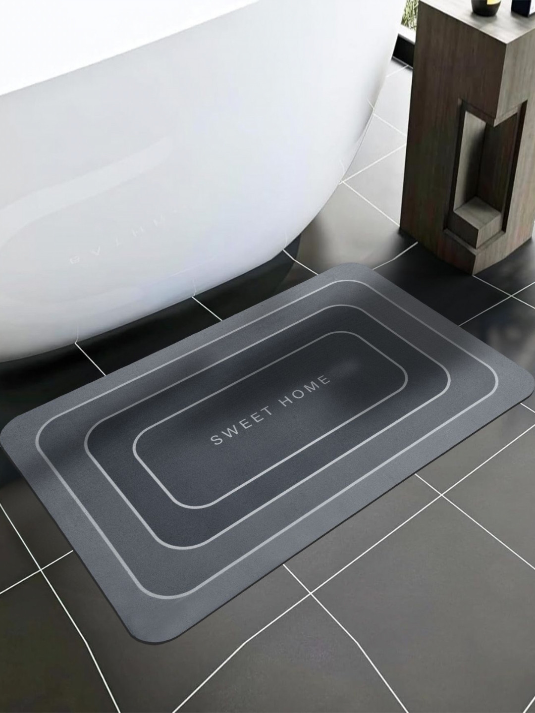 Aura Grey & White Printed Silicone 300 GSM High Water Absorbent Anti-Skid Bath Rug