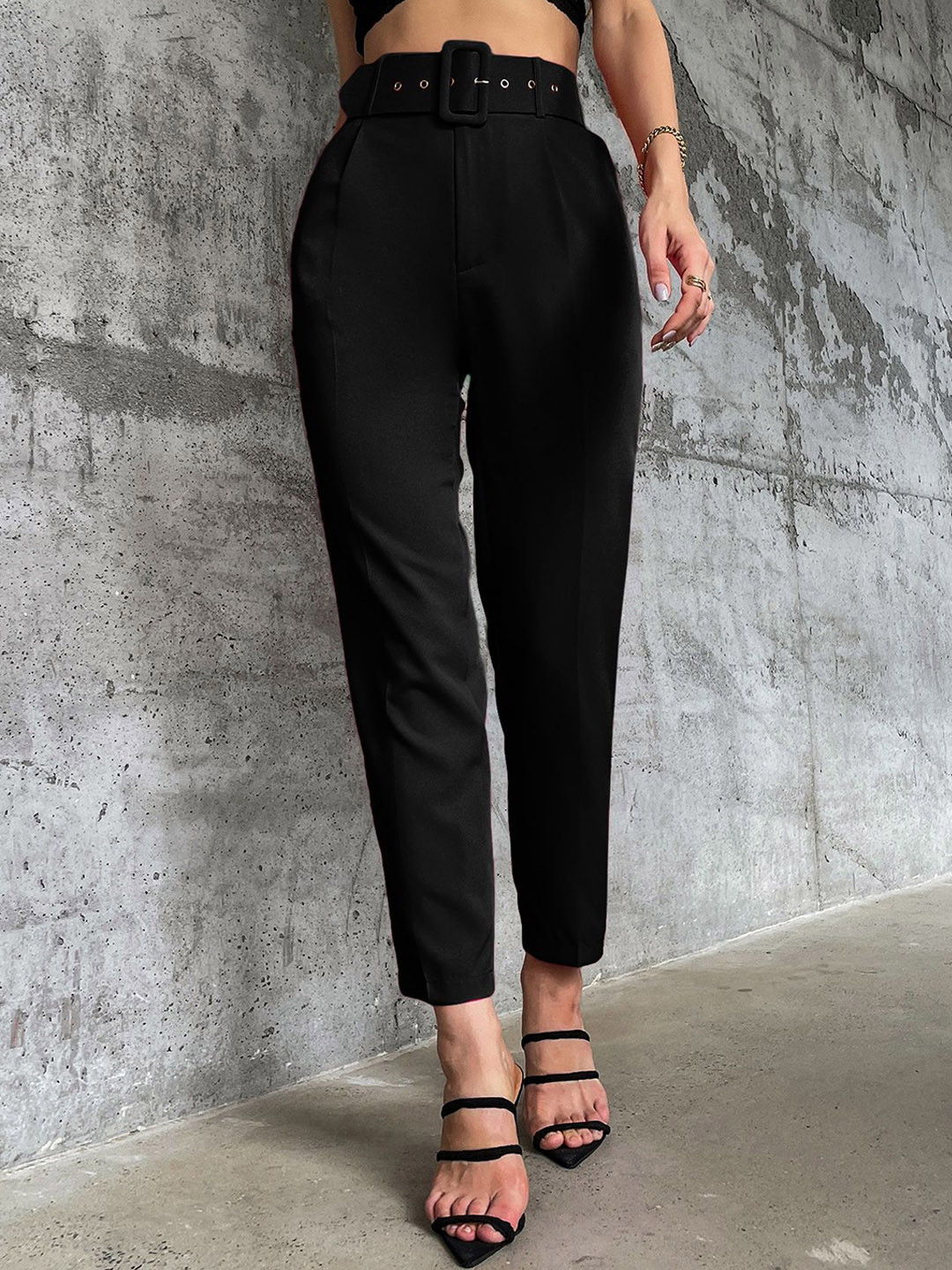 HIGH BUY Women Pencil Regular Fit High-Rise Trousers With Belt