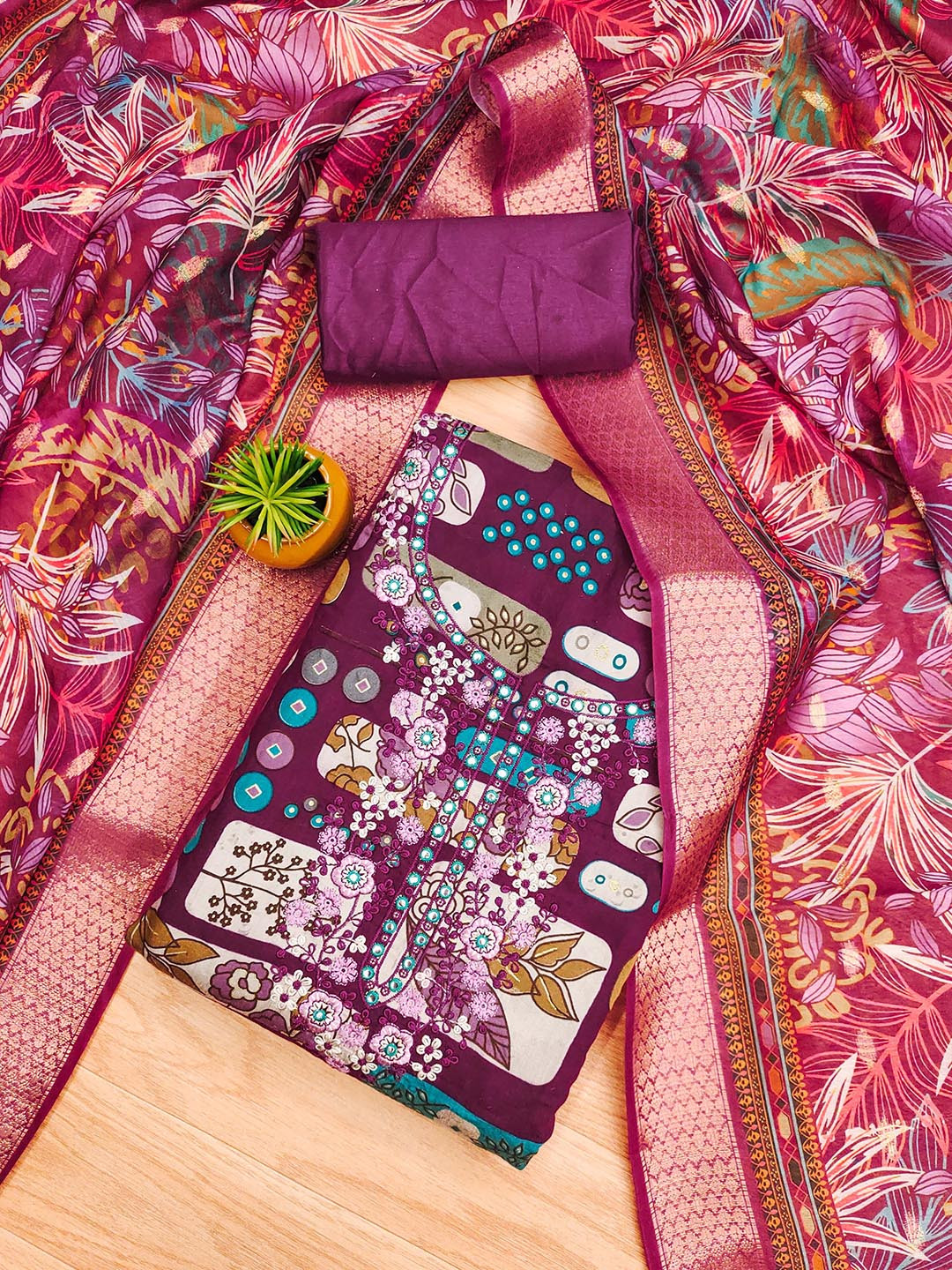 Maroosh Floral Digital Foil Printed Mirror Work Cotton Unstitched Dress Material