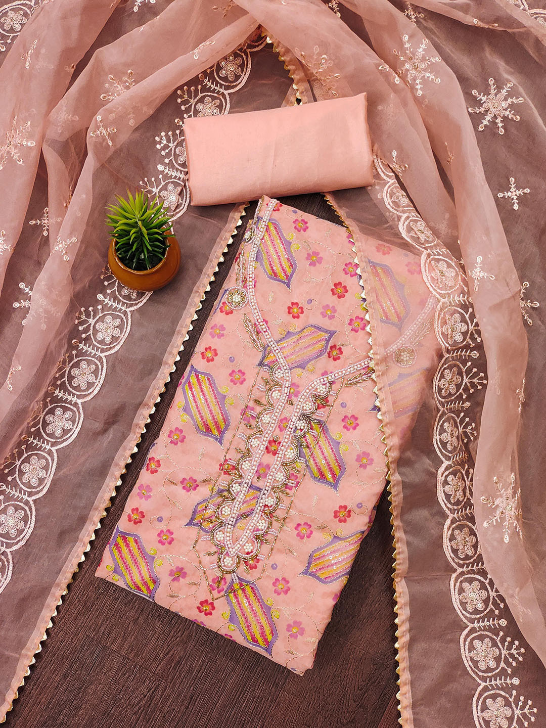 Maroosh Floral Embellished Sequinned Position Print Organza Unstitched Dress Material