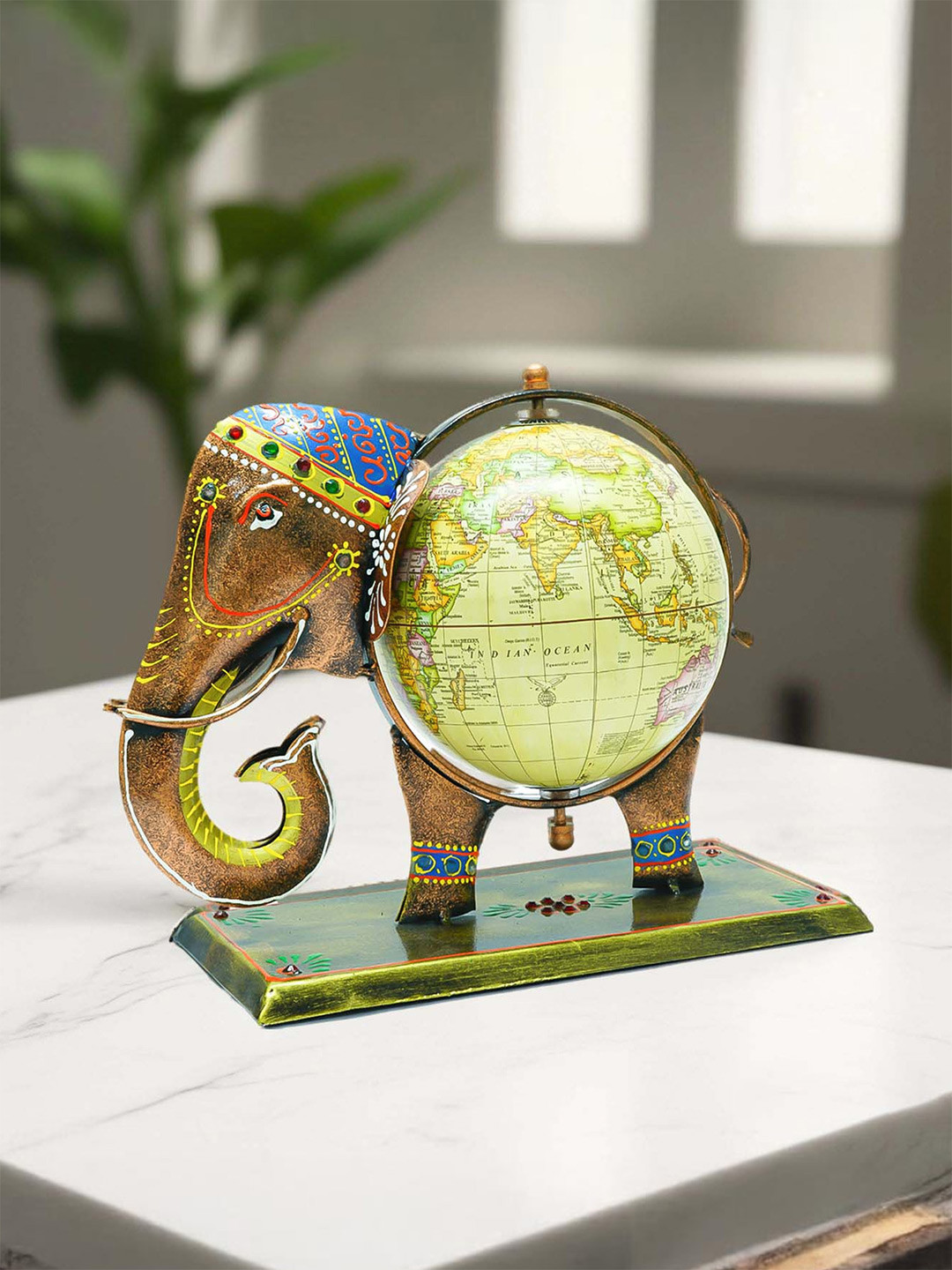 Ekhasa Brown & Blue Elephant Shaped Globe Figurine Showpiece