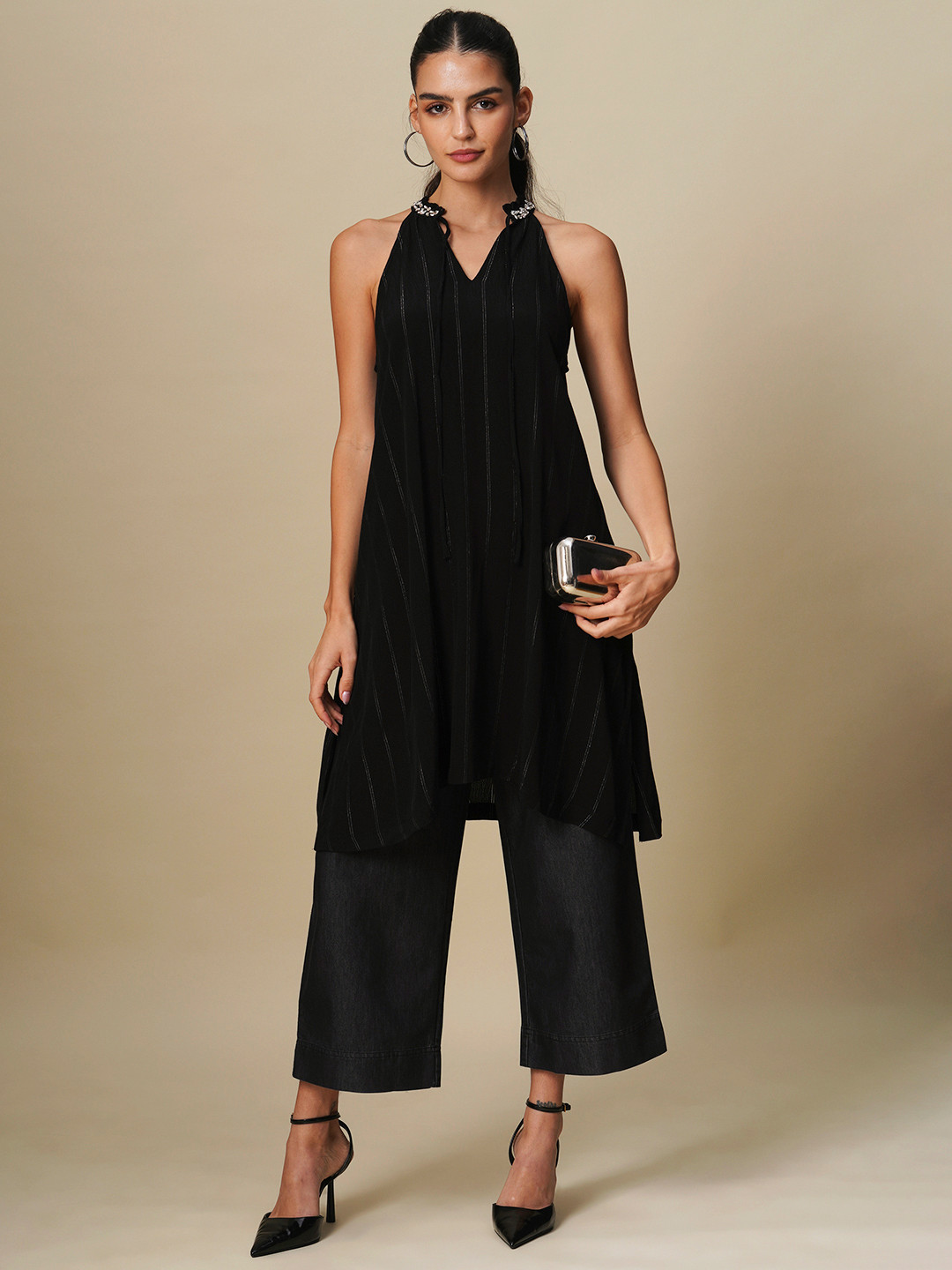 Chemistry Striped Embellished Tunic & Denim Wide Leg Co-Ord set