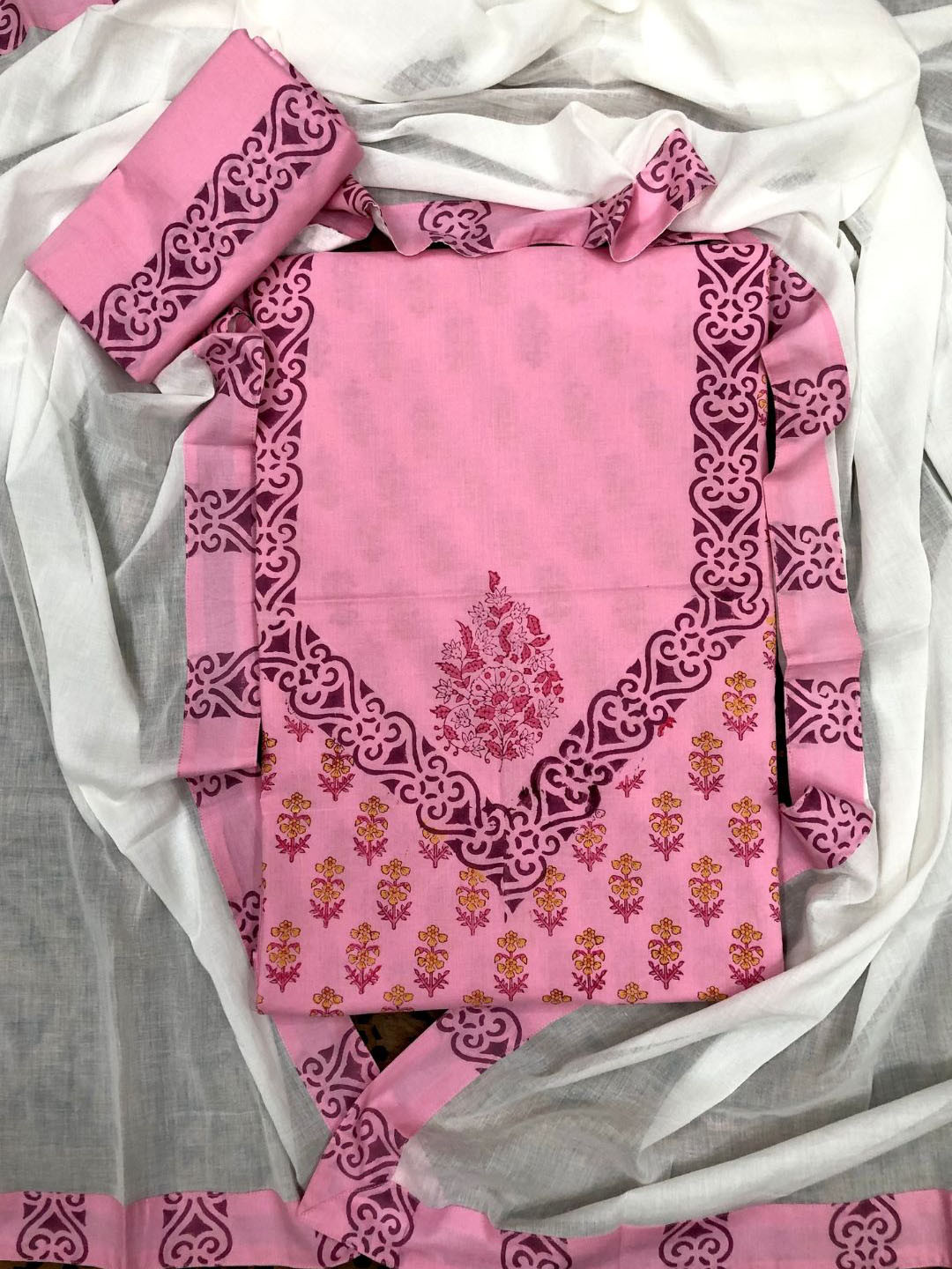 PALASH Ethnic Motifs Block Printed Patchwork Pure Cotton Unstitched Dress Material