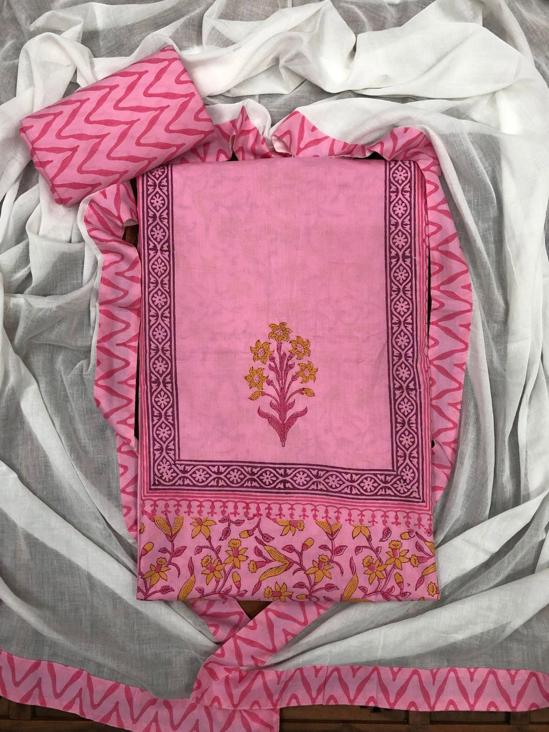 PALASH Ethnic Motifs Block Printed Patchwork Pure Cotton Unstitched Dress Material