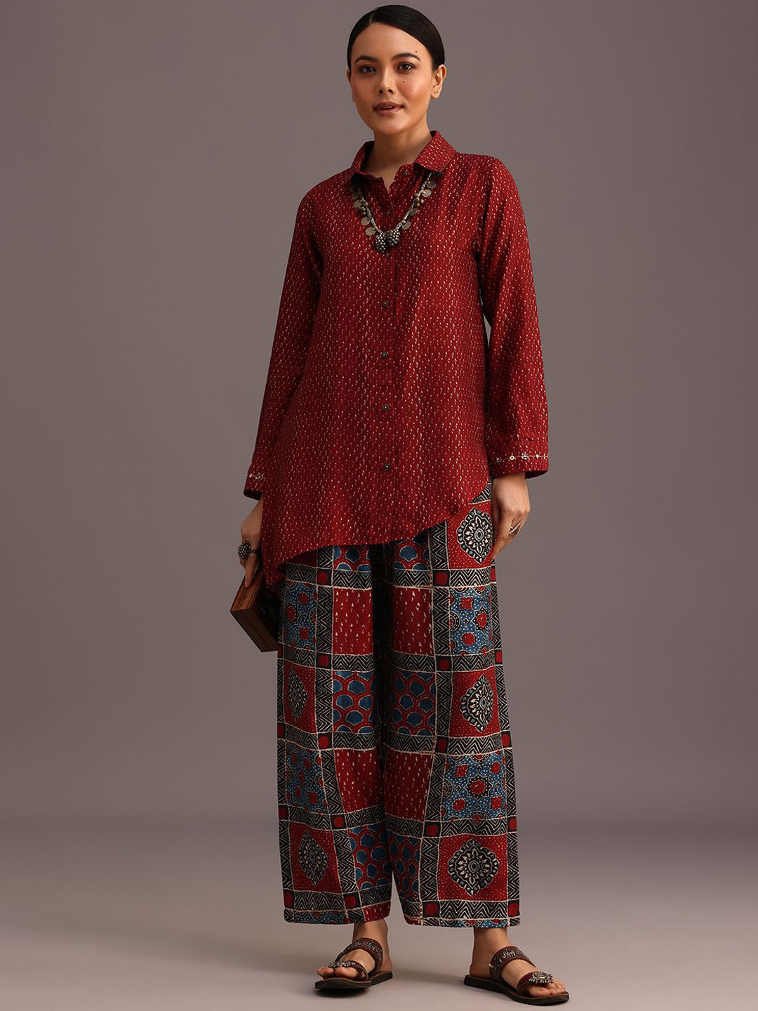 KALKI Fashion Floral Ajrakh Printed Linen Shirt Colar Shirt With Palazzo