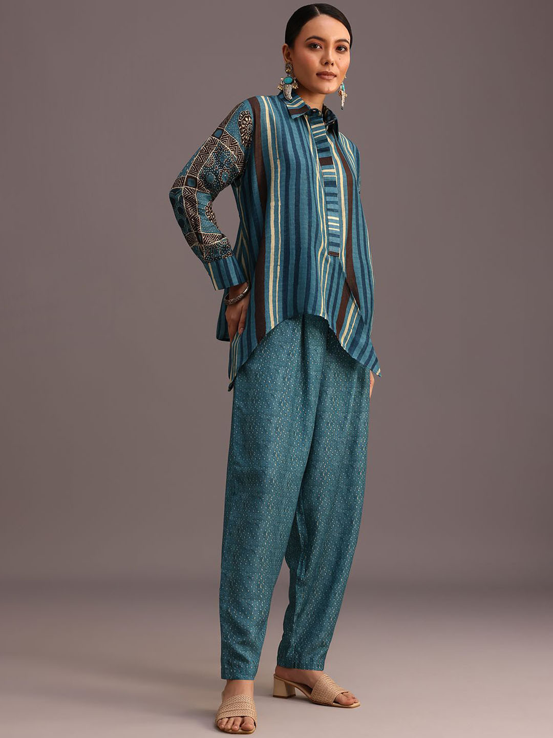 KALKI Fashion Printed Shirt Collar Neck Top With Trousers Co-Ords