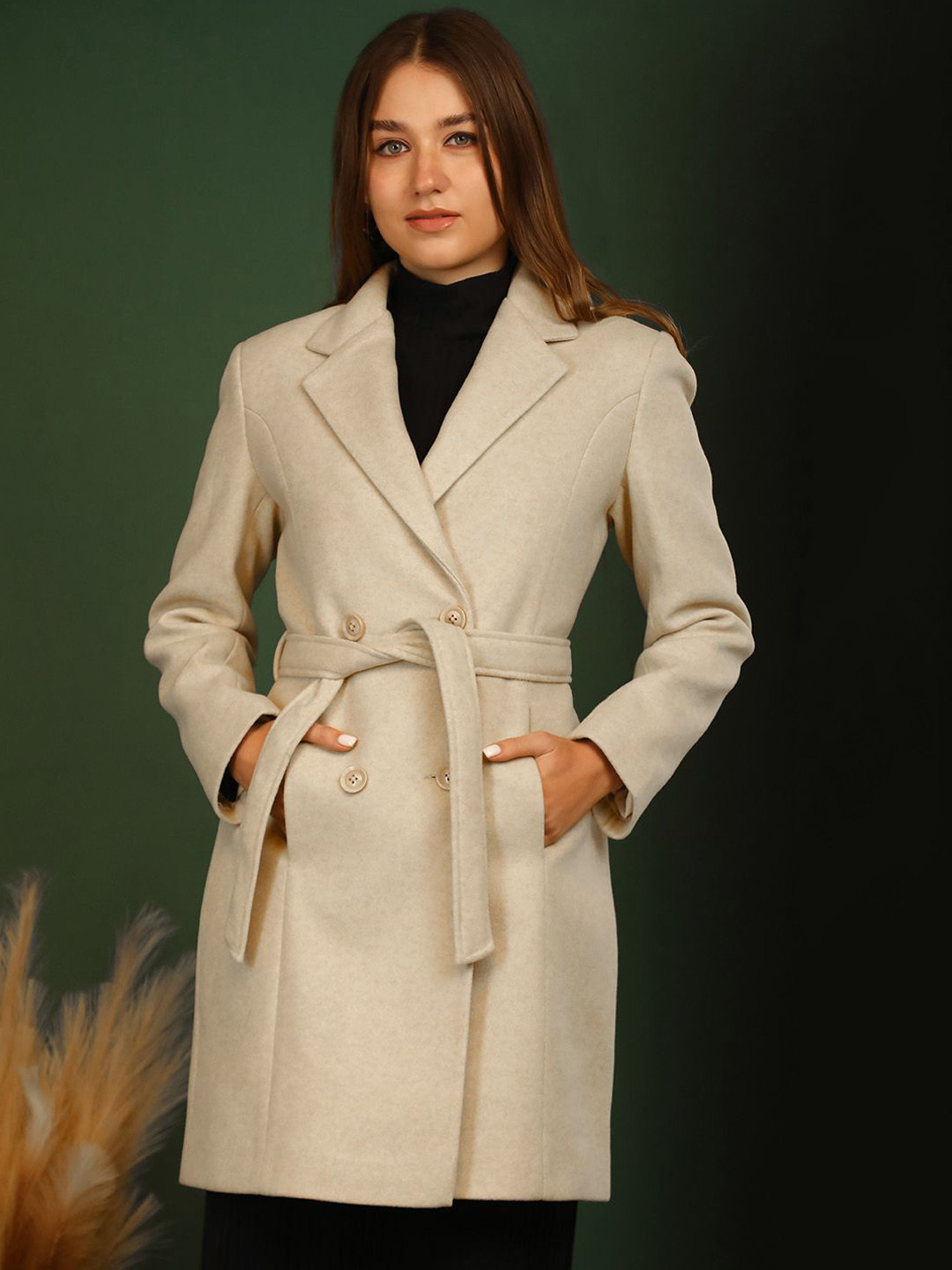 CHEMISTRY Women Double-Breasted Notched Lapel Trench Coat With Belt