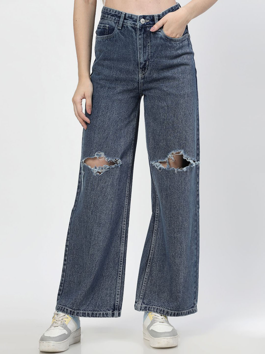 COSMIC Women Flared High-Rise Slash Knee Light Fade Pure Cotton Jeans