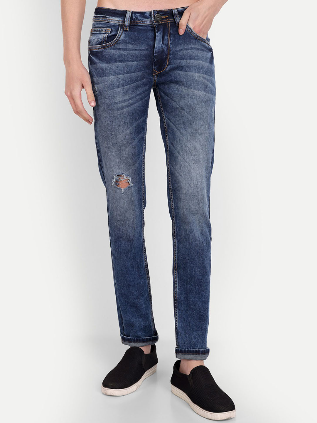 R.Code by The Roadster Life Co. Men Micheal Slim Fit Slash Knee Heavy Fade  Jeans