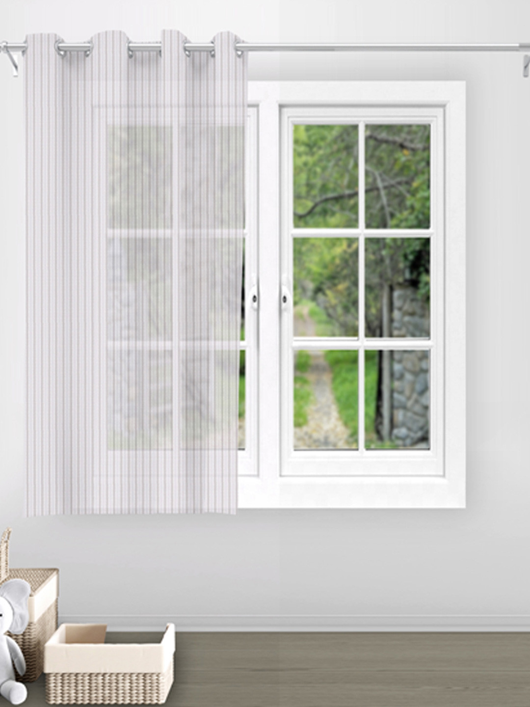 Divine Casa Melody Sheer White & Grey Striped Window Curtain