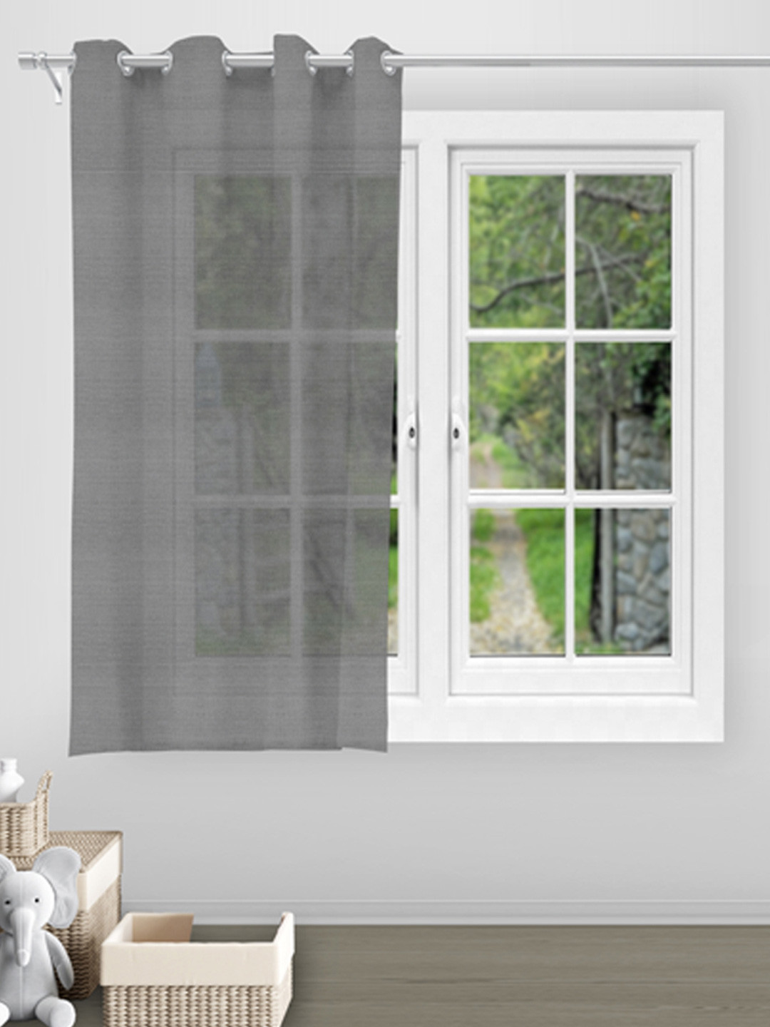 Divine Casa Poplin Sheer Grey Self Design Room Darkening Window Curtain
