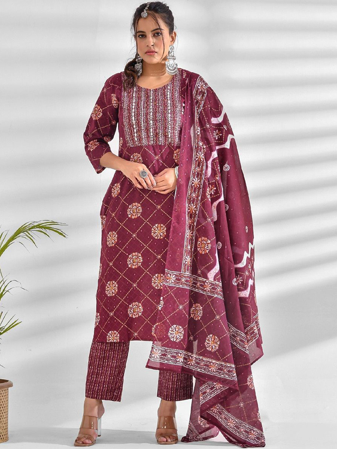 Anouk Mroon Floral Printed Pure Cotton Straight Kurta With Trousers And Dupatta