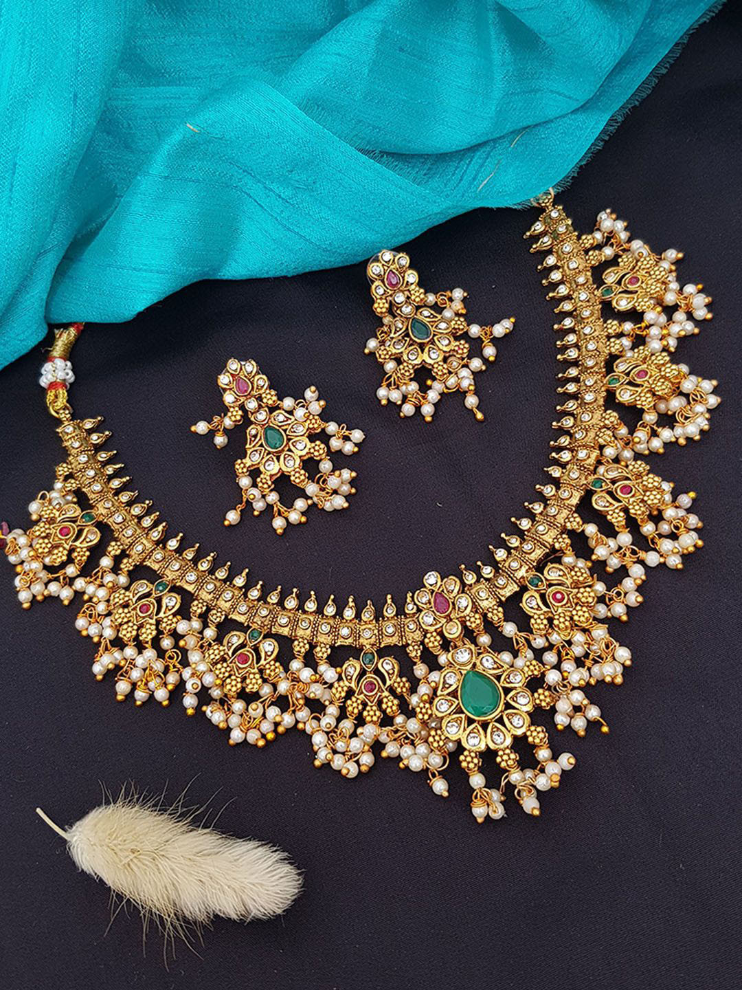 GRIIHAM Gold-Plated Cubic Zirconia-Studded & Beaded Guttapusalu Jewellery Set