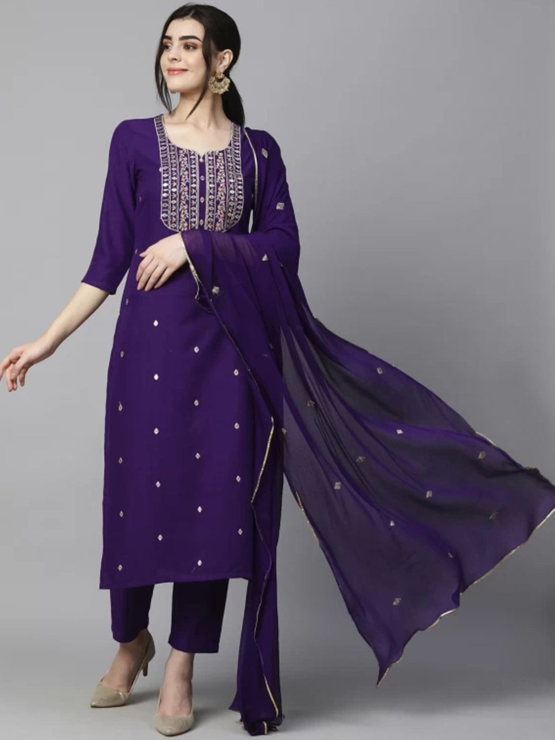 Ethnic 3 You Floral Embellished Notch Neck Pure Cotton Kurta With Trouser And Dupatta