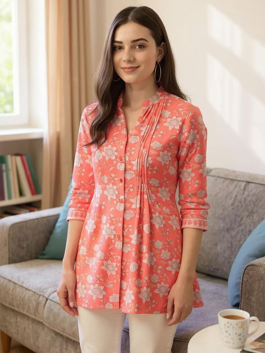 Hive91 Women Mandarin Collar Printed Tunic