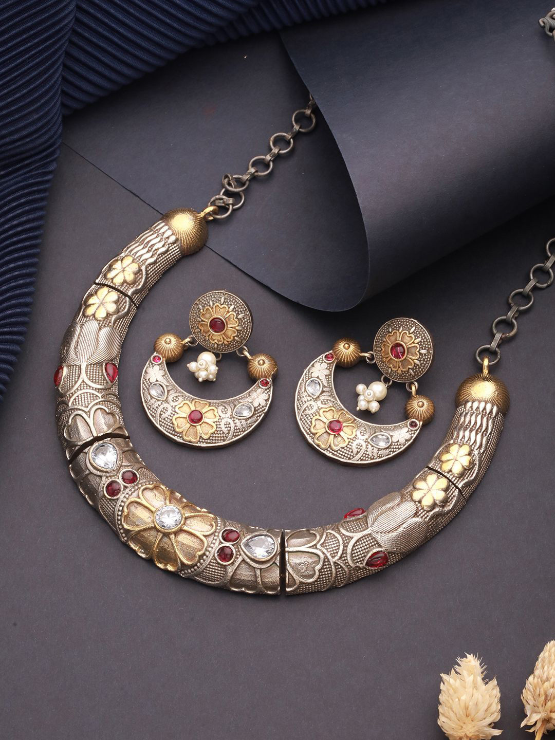 Saraf RS Jewellery Dual-Plated American Diamond Stone-Studded Oxidised Jewellery Set