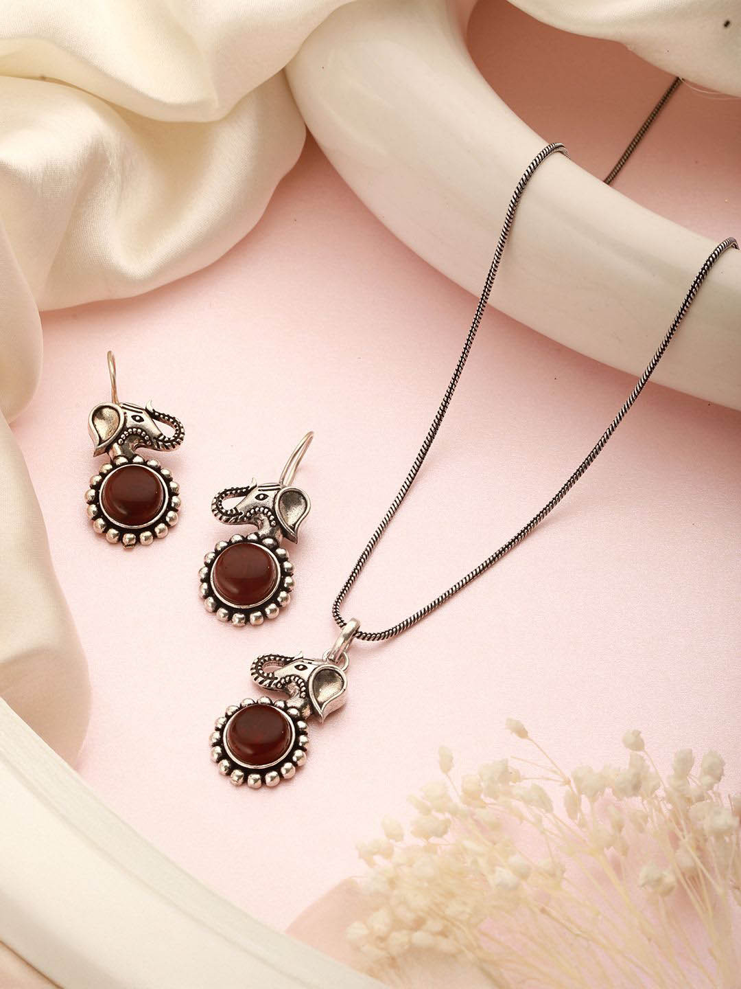 Saraf RS Jewellery Rhodium-Plated American Diamond Elephant Motif Oxidised Jewellery Set