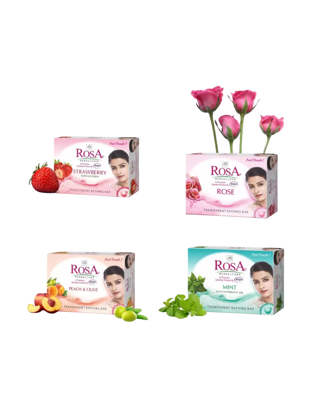 ROSA Set Of 4 Strawberry - Rose - Mint & Peach & Olive Soap - 100 g Each
