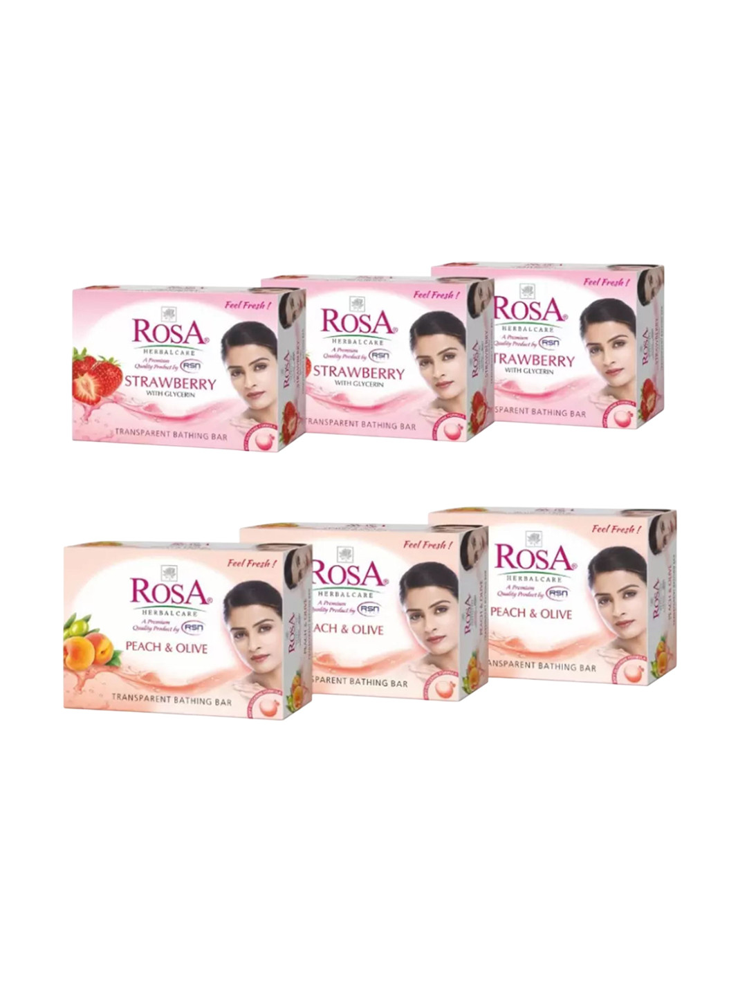 ROSA Herbal Care Set Of 6 Transparent Strawberry - Peach & Olive Gel Soap- 100 g Each