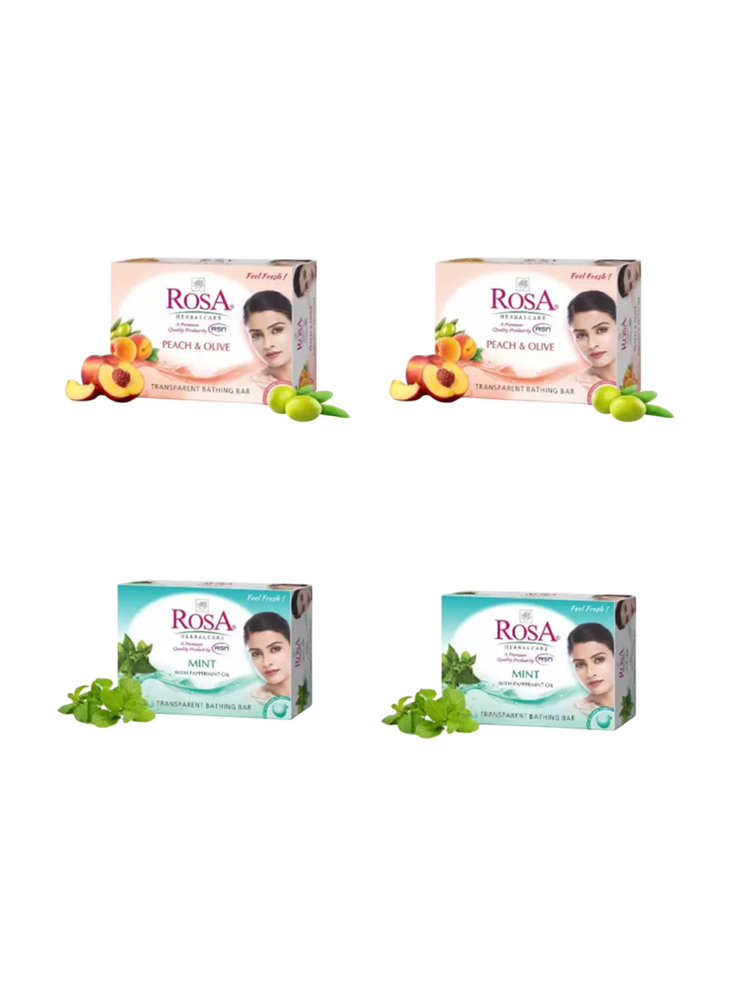 ROSA Herbal Care Set Of 4 Transparent Mint- Peach & Olive Gel Soap - 100 g Each