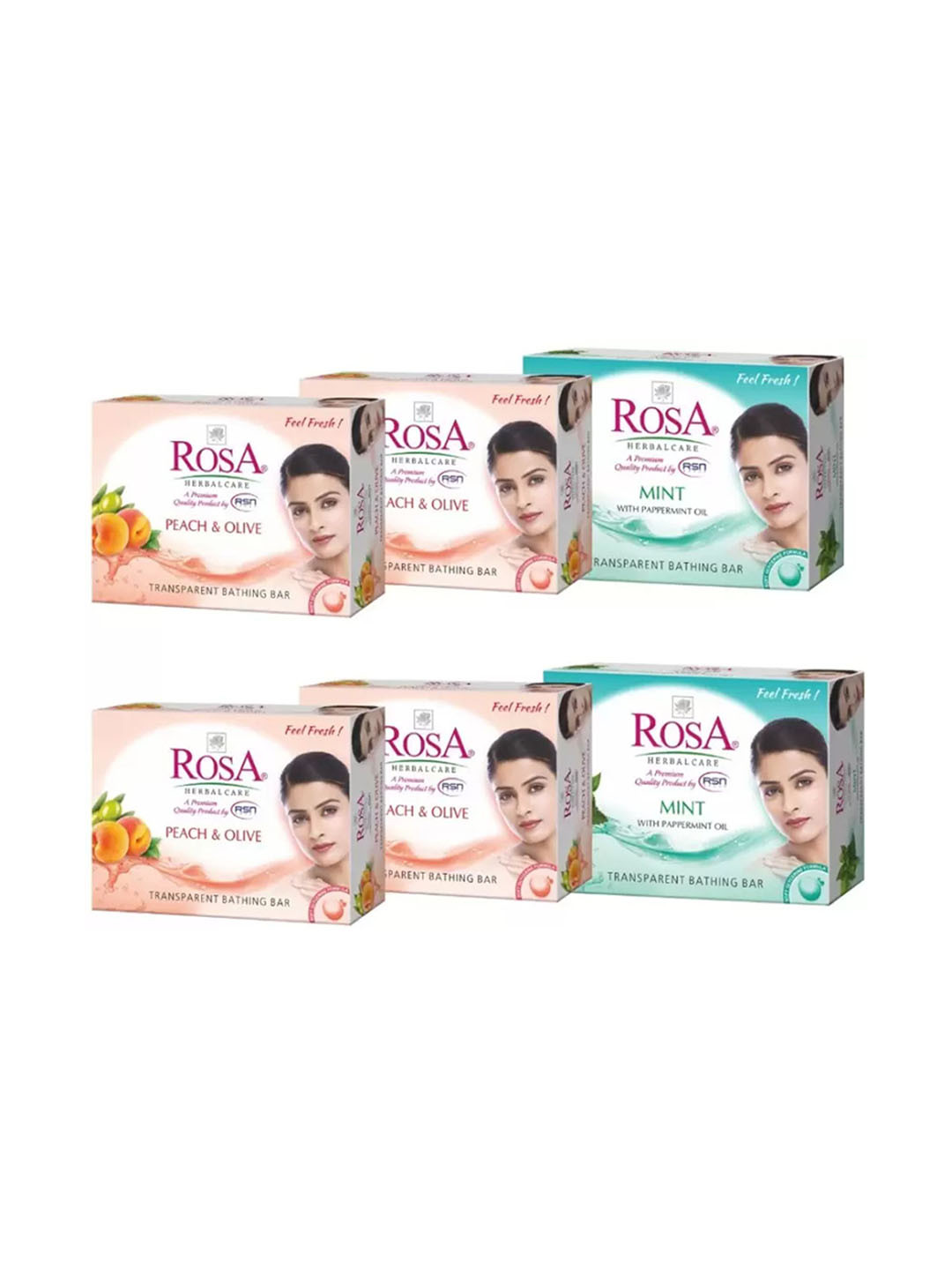 ROSA Set Of 6 Transparent Peach & Olive, Mint Gel Soap With Tantalizing Aroma - 100 g Each