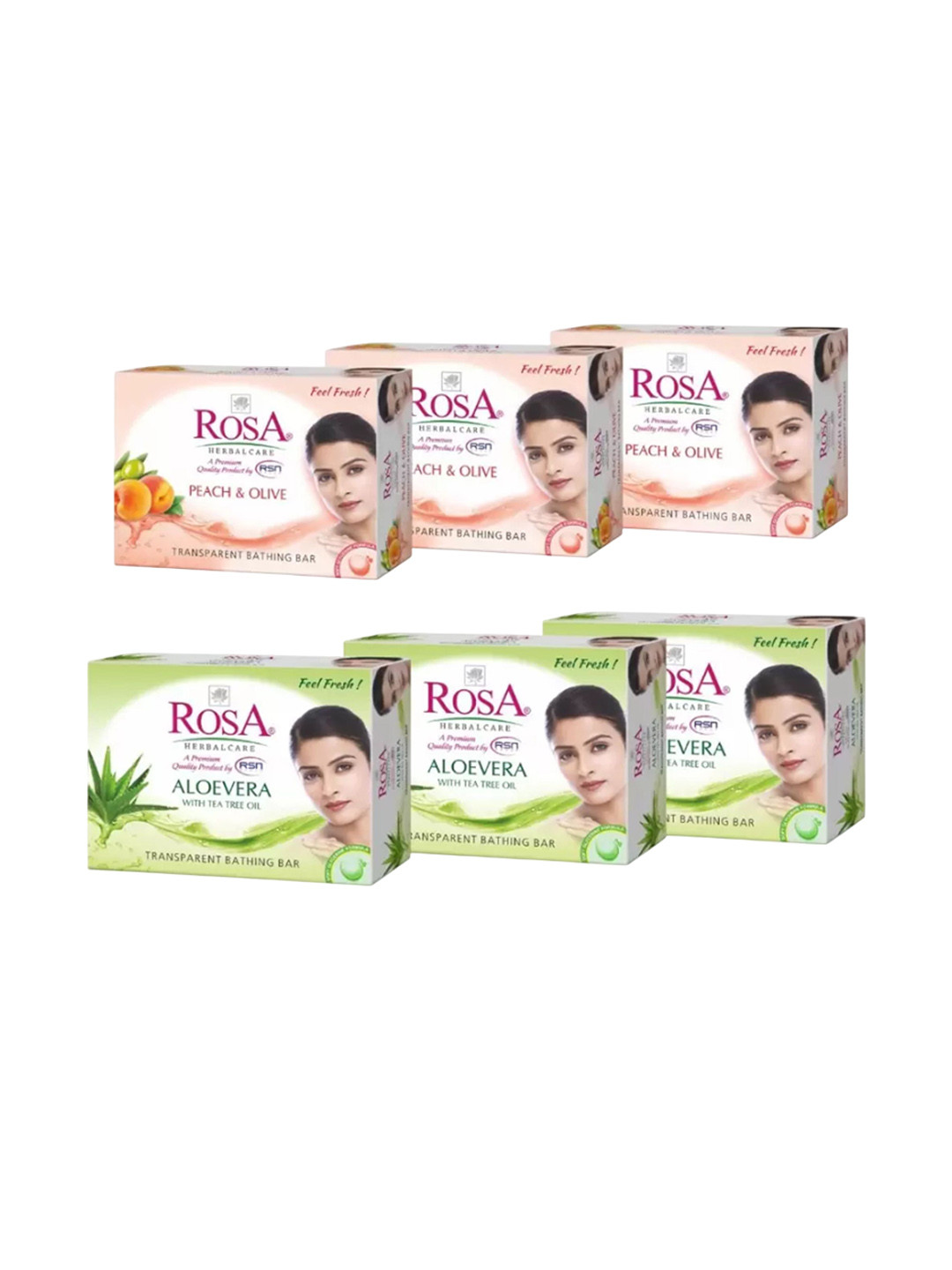 ROSA Set Of 6 Transparent Aloevera, Peach & Olive Gel Soap - 100 g Each