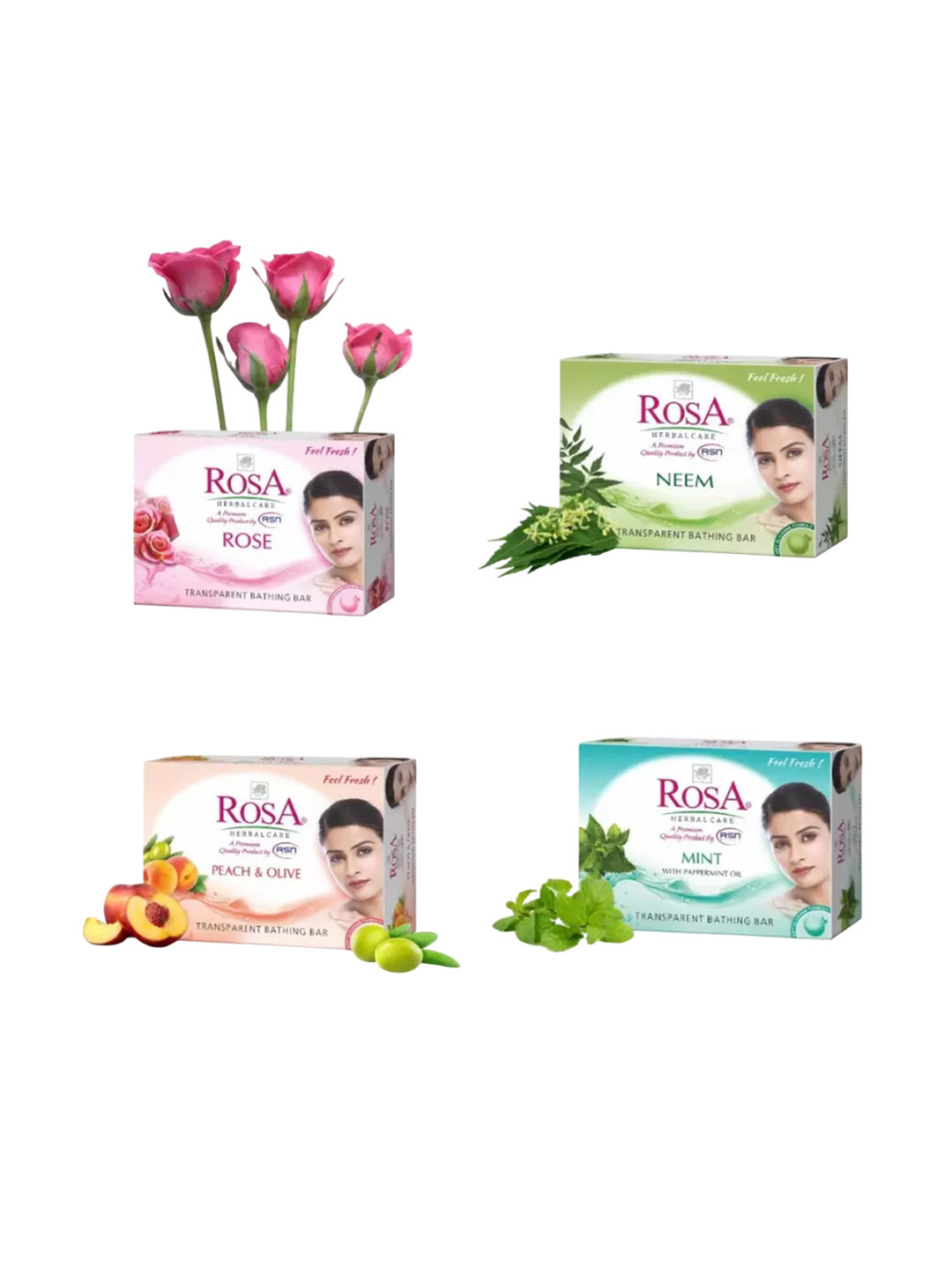 ROSA Set Of 4 Transparent Rose, Mint, Neem, Peach & Olive Gel Soap- 100 g Each