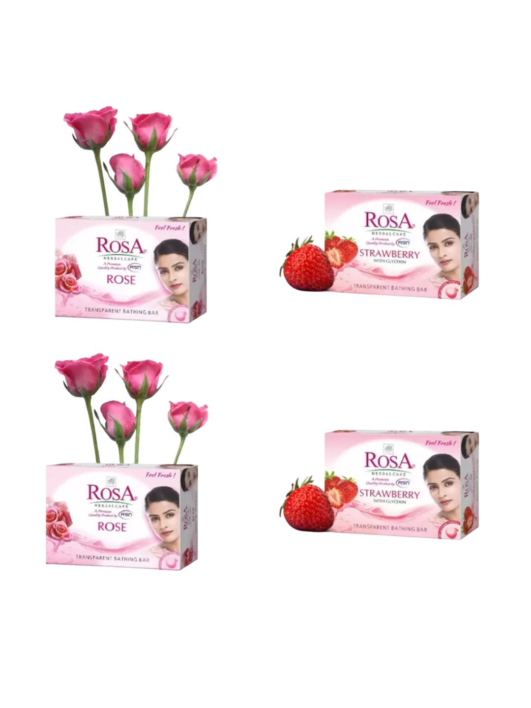 ROSA Herbal Care Set Of 4 Transparent Rose & Strawberry Glycerin Gel Soap- 100 g Each