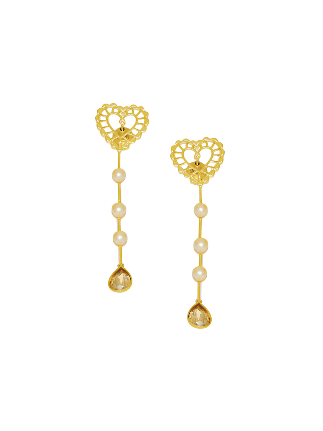 ESME Gold-Plated Pearl Studded Swarovski Crystal Heart Shaped Drop Earrings