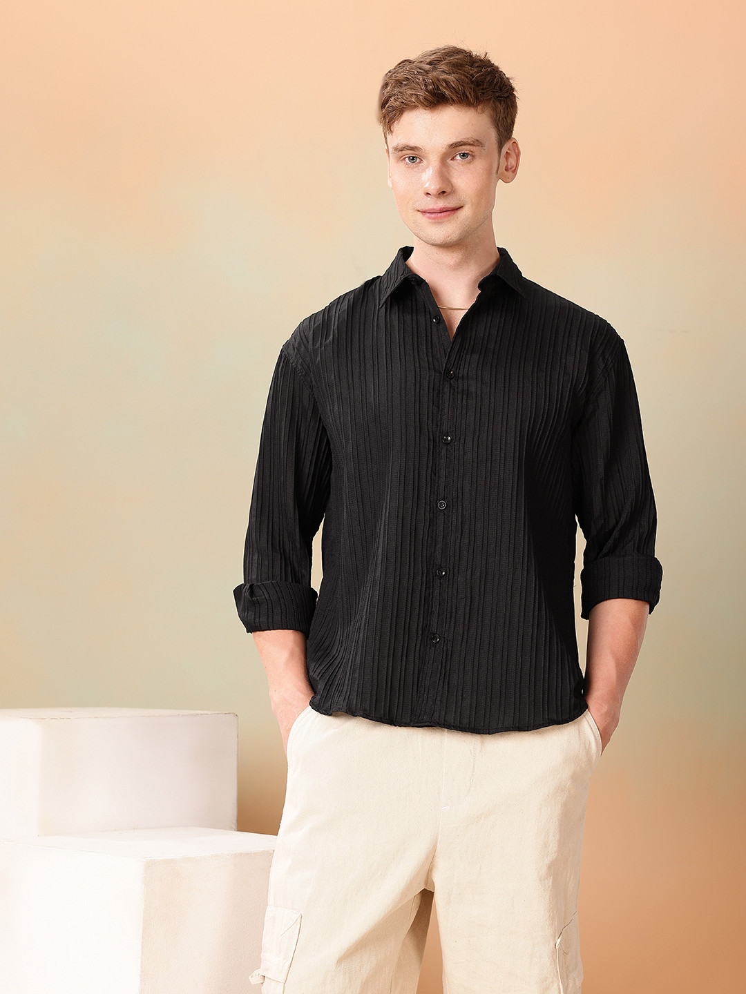 Mast & Harbour Oversized Fit Opaque Self Design Textured Casual Shirt