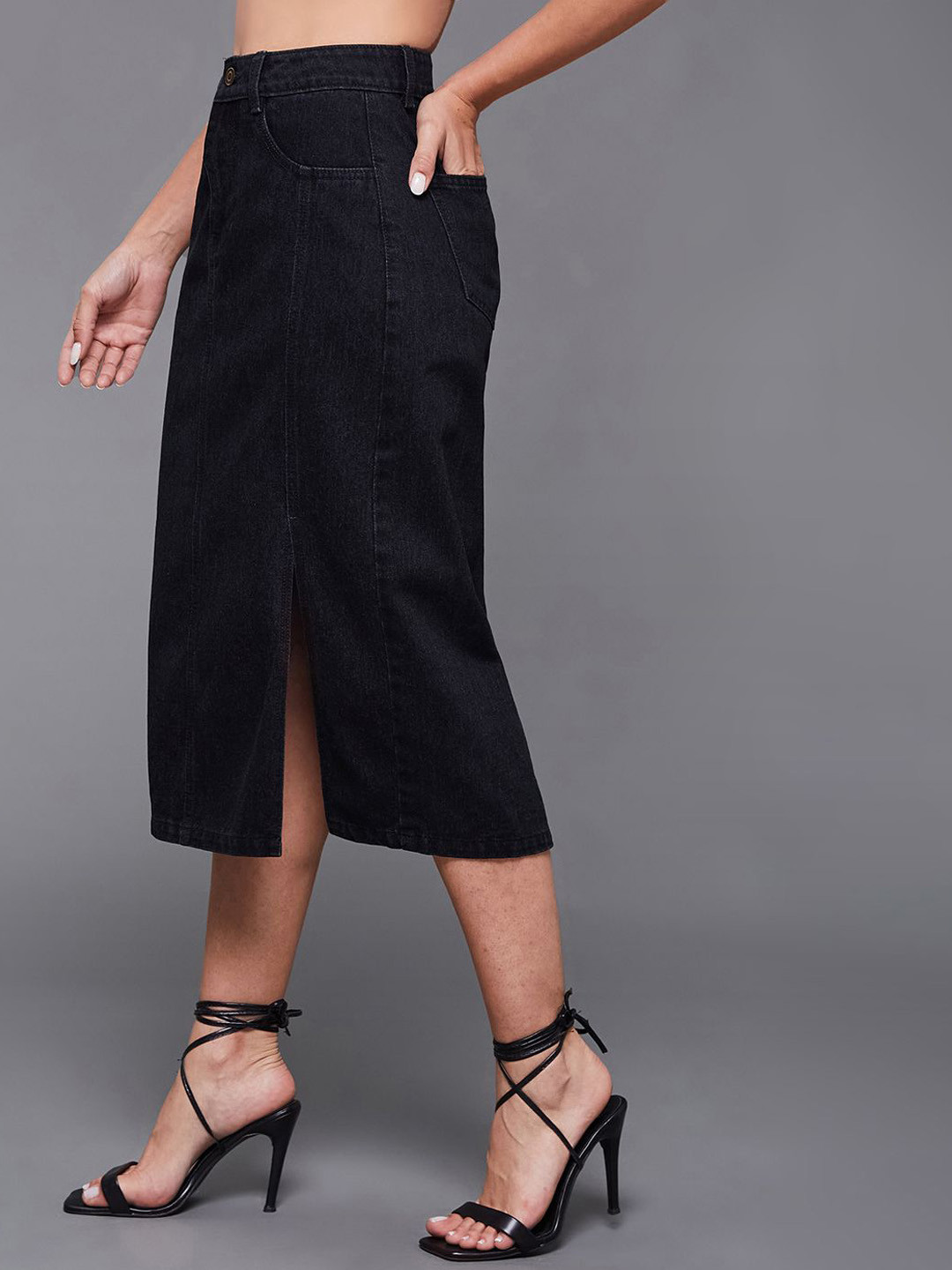 Miss Chase Women Straight High-Rise Stretchable Denim A-Line Midi Skirt