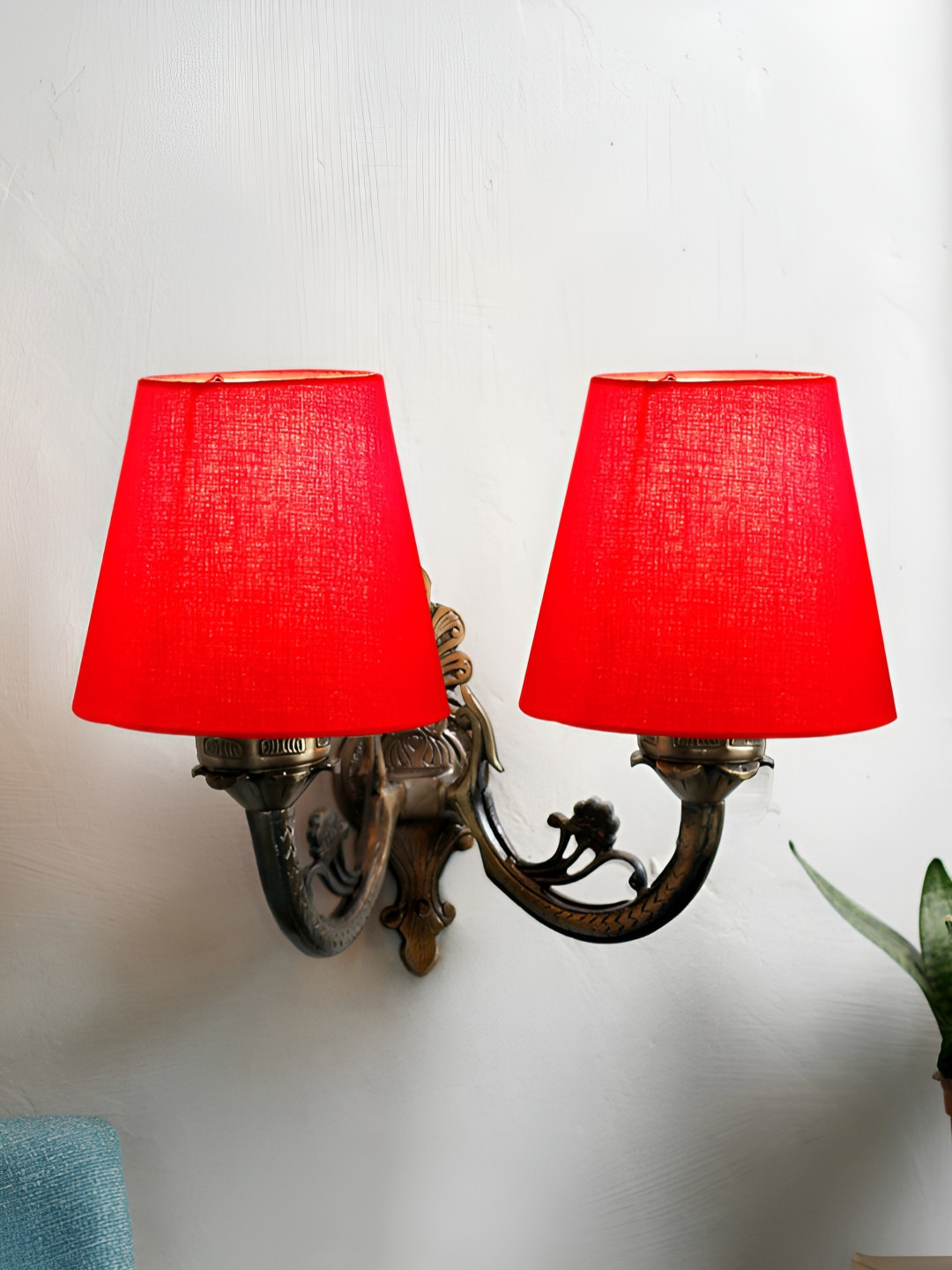 Aura Red & Gold Toned Metal Traditional Cylinder Shaped Wall Lamp