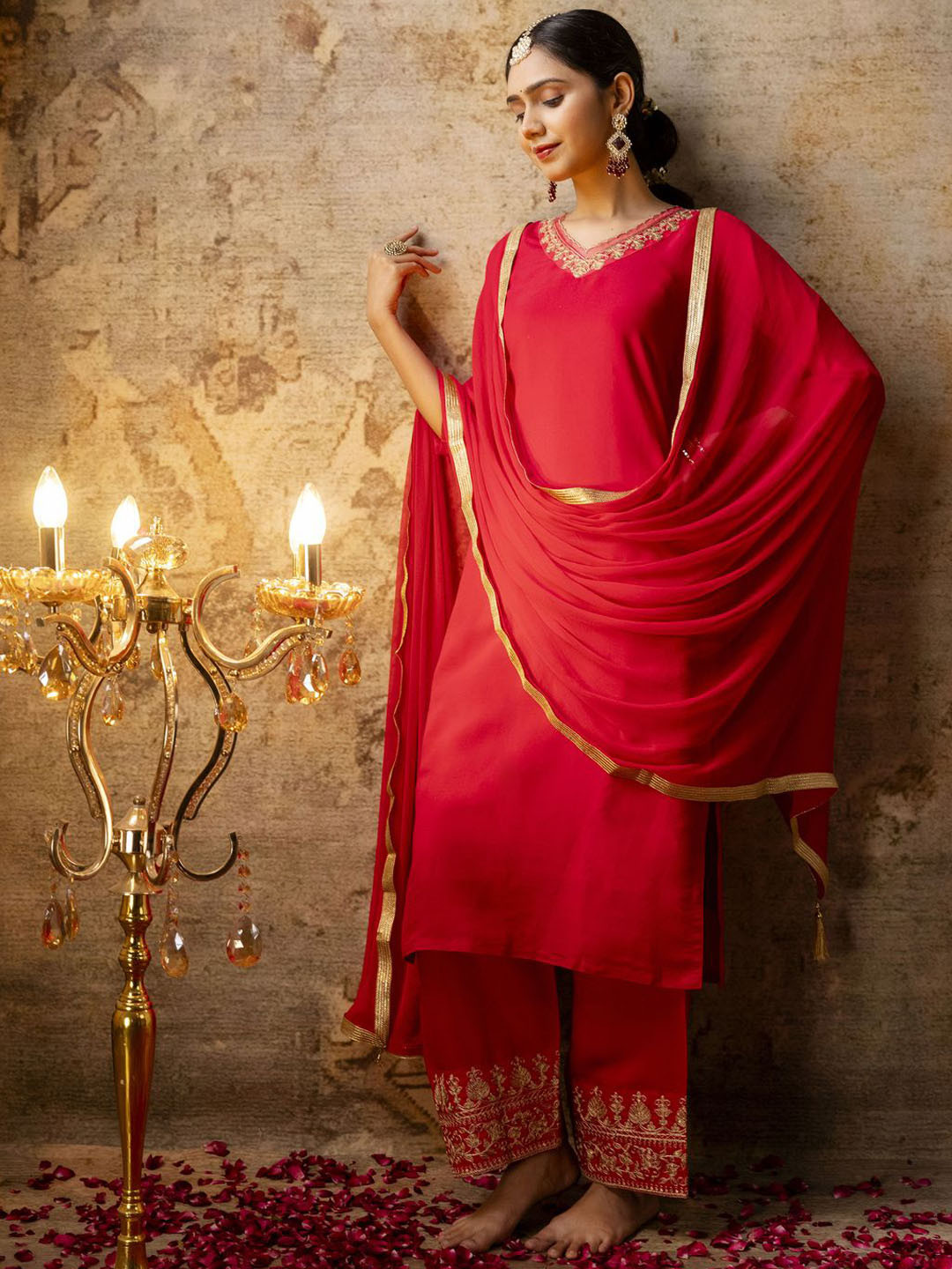 VredeVogel Zari V-Neck Straight Kurta With Palazzo And Dupatta