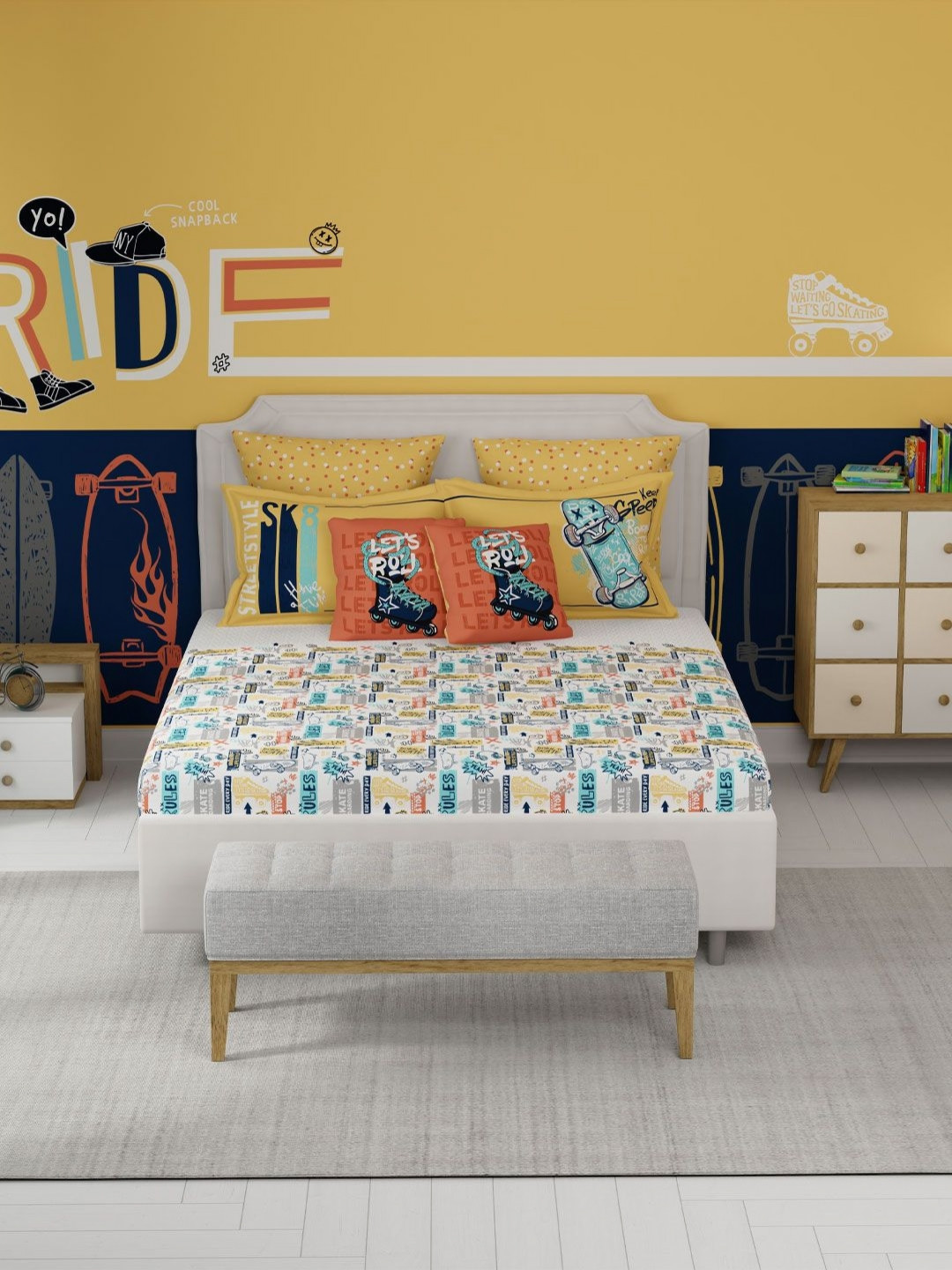 MYTRIDENT Juniors White Conversational Pure Cotton 144 TC Double Bedsheet with 2 Pillow Covers-90 x 100 inches