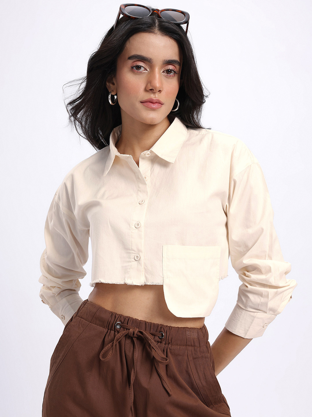 glitchez Pure Cotton Drop Shoulder Pocket Poplin Crop Boxy Shirt