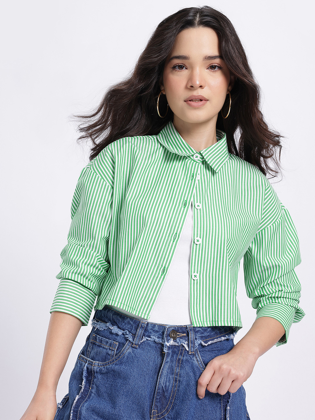glitchez Vertically Striped Pure Cotton Drop-Sleeves Boxy Fit Shirt