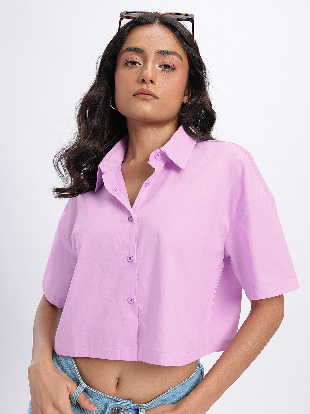 glitchez Spread Collar Drop-Shoulder Sleeves Pure Cotton Loose Fit Crop Shirt