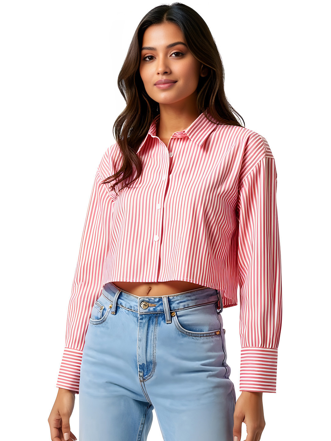 glitchez Striped Spread Collar Drop-Shoulder Sleeves Poplin Loose Fit Crop Relaxed Fit Shirt