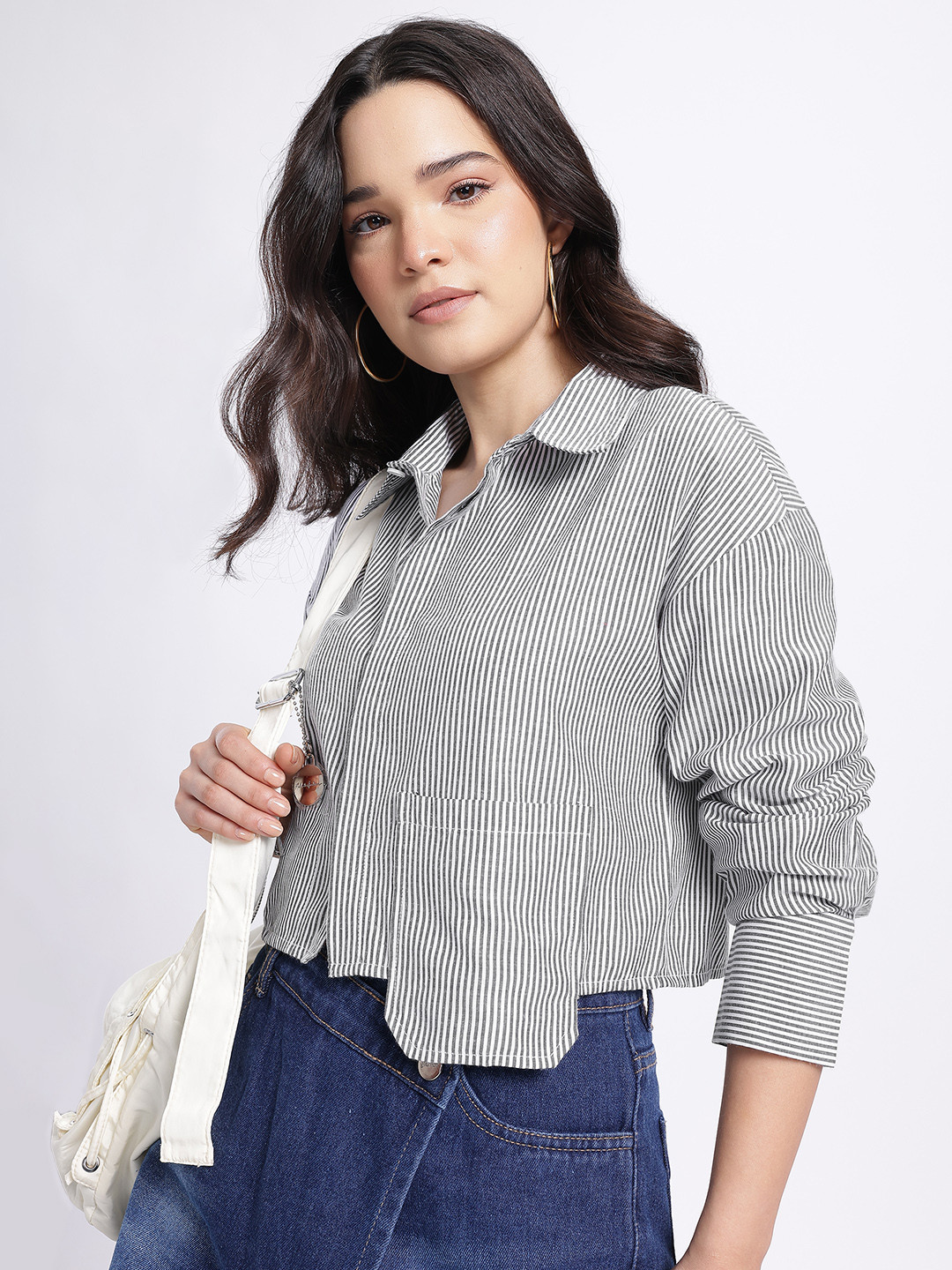 glitchez Vertically Striped Drop-Sleeves Crop Boxy Fit Shirt