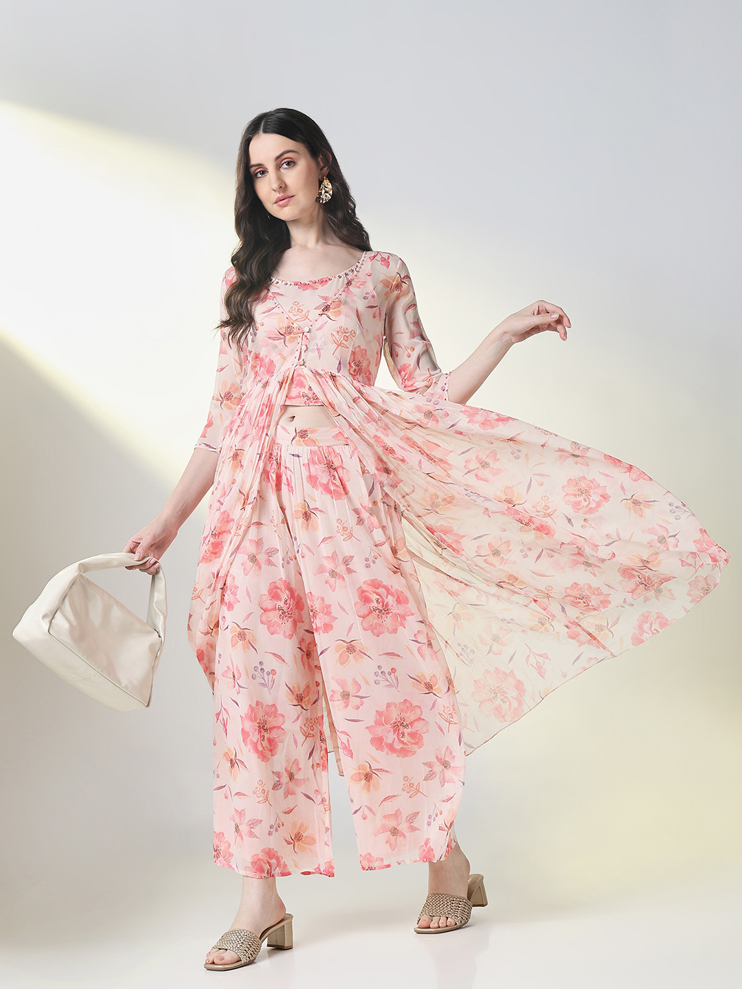 SHOWOFF Embellished & Floral Printed Sleeveless Top & Palazzo With Overcoat