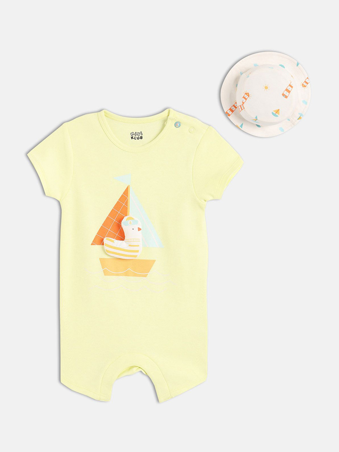 MINI KLUB Boys Pure Cotton Half Sleeves Romper With Cap