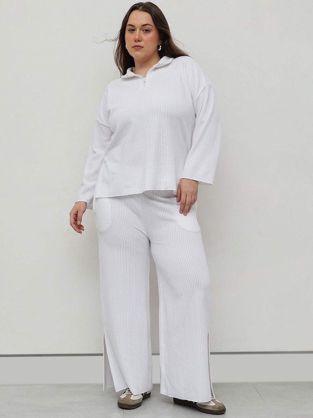 CURVY STREET Plus Size Striped High Neck T-Shirt With Trouser