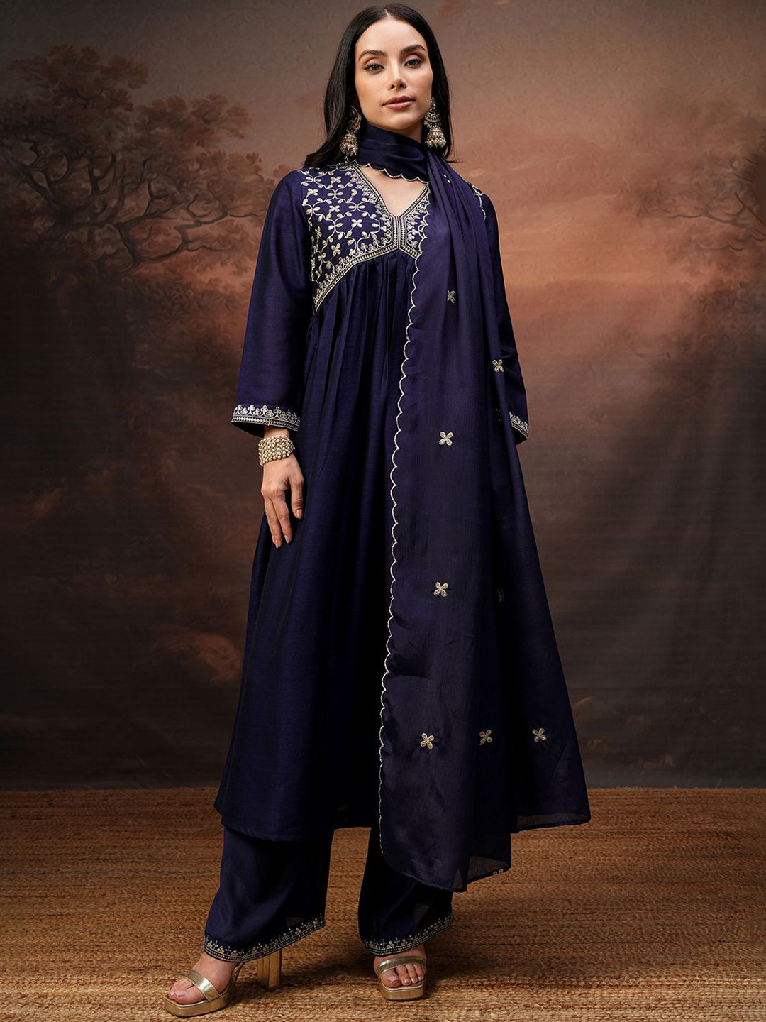Vishudh Women Alia Cut Embroidered Kurta With Palazzo And Chinon Chiffon Dupatta